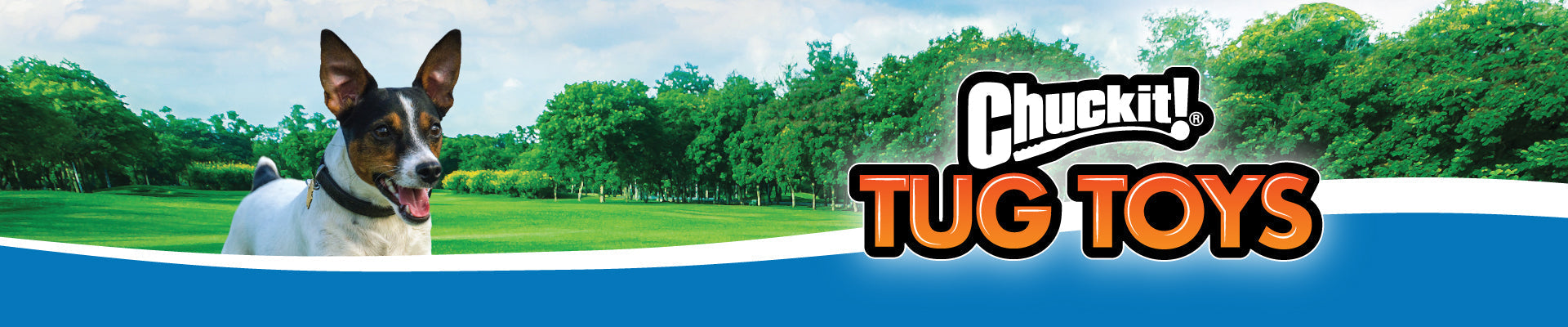 A happy dog stands on grass in a park with a blue sky in the background. The text Chuckit! Tug Toys is prominently displayed.
