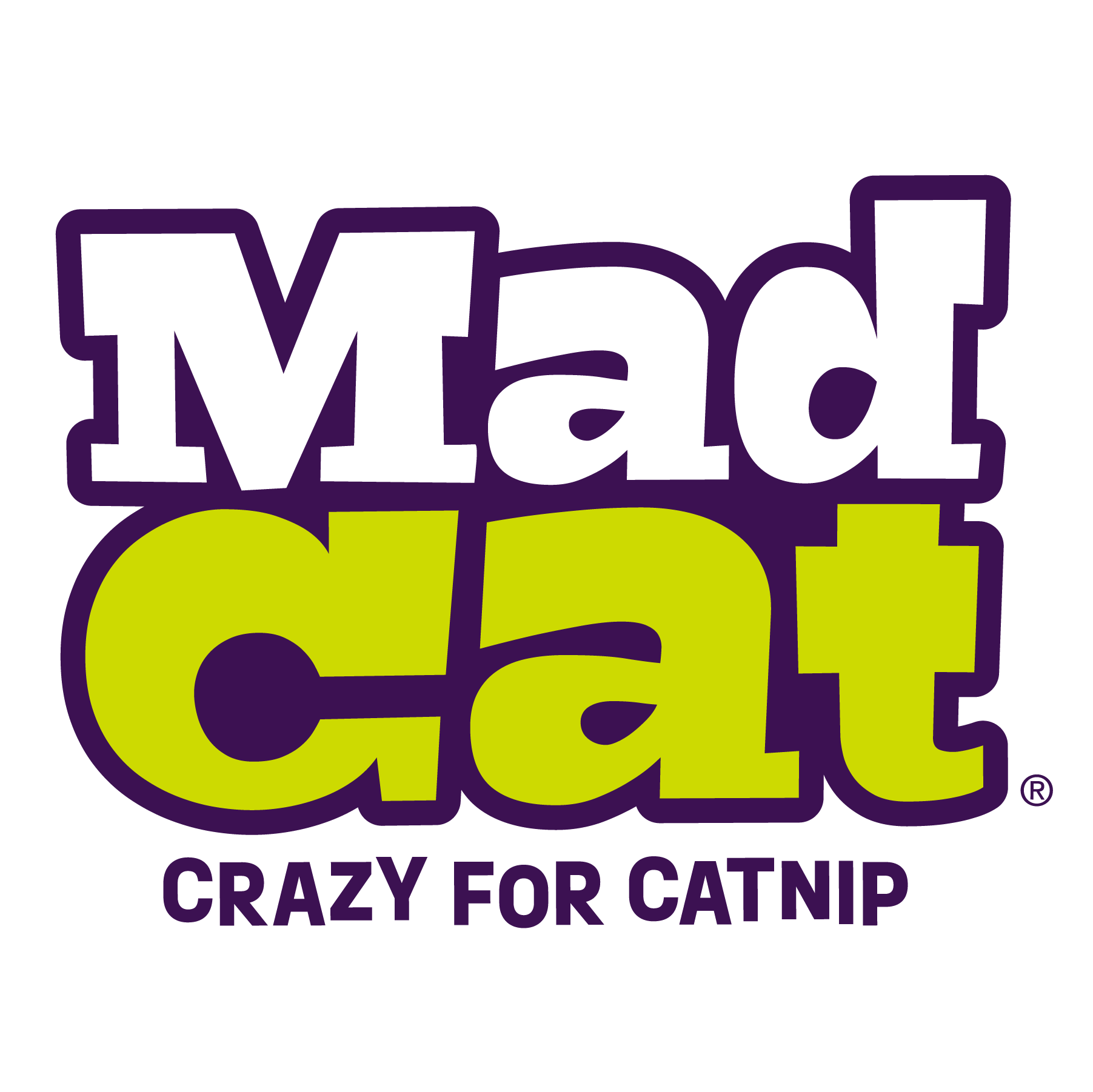 Mad Cat logo in bold purple and green letters, with the tagline Crazy for Catnip underneath in purple capital letters on a white background.