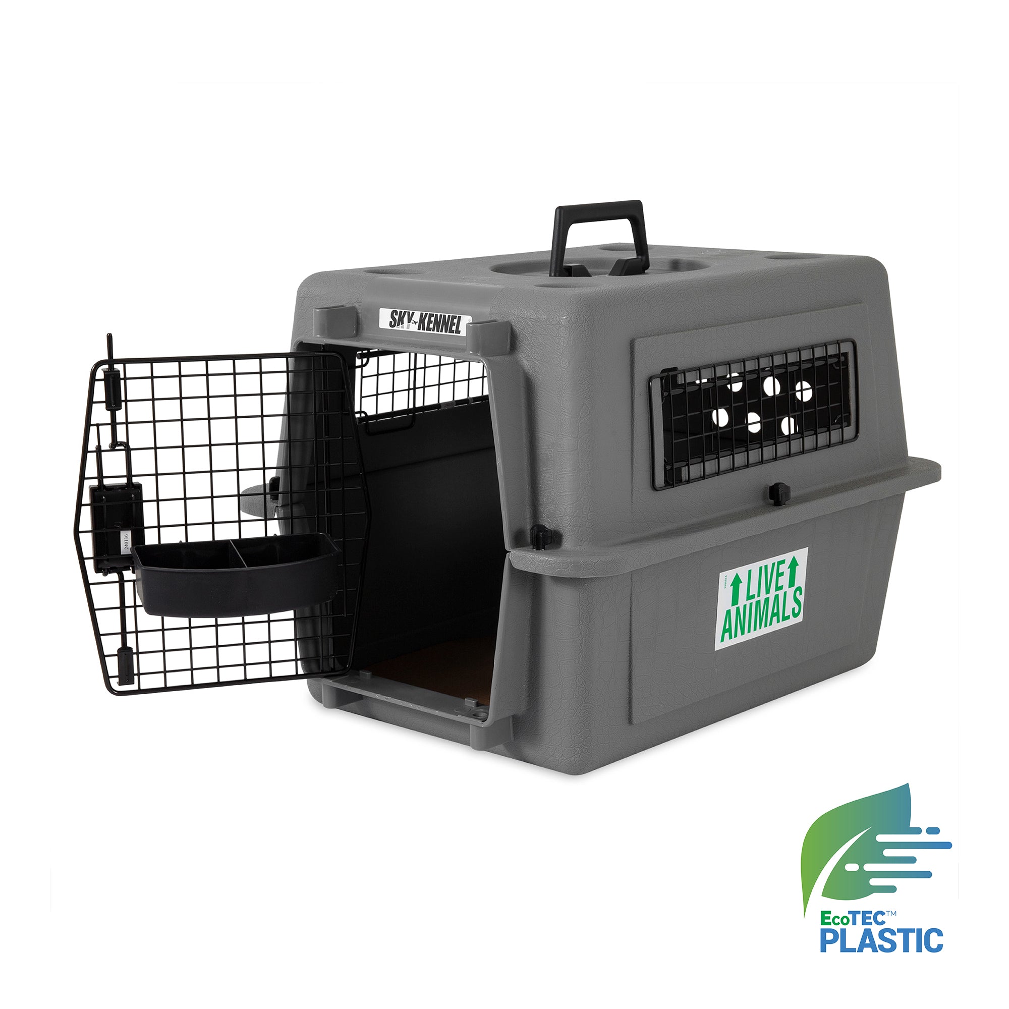 A gray EcoTEC plastic pet travel crate with Live Animals and Sky Kennel labels features an open black wire door with a tray, and a logo in the bottom right. Perfectly complements the Pet-mates Essential New Dog Bundle for added convenience.