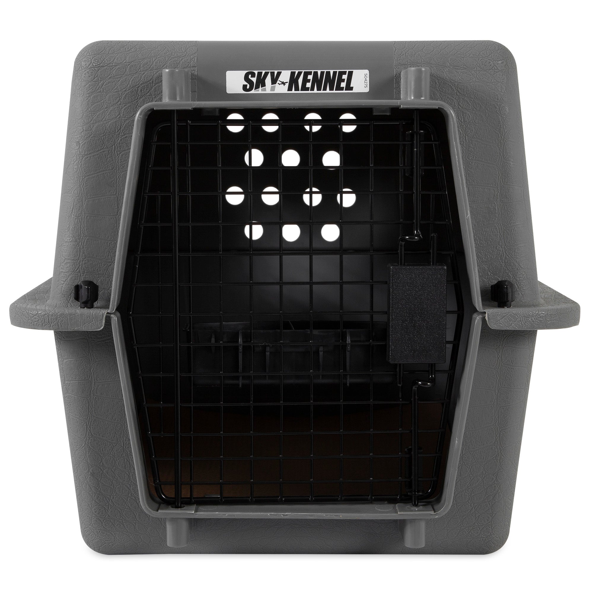 The Pet-mates 21 Sky Kennel Replacement Door is a black metal wire door for the gray plastic travel crate. It meets IATA standards, features top ventilation holes and sturdy side handles, ensuring comfort and security for pets during travel.