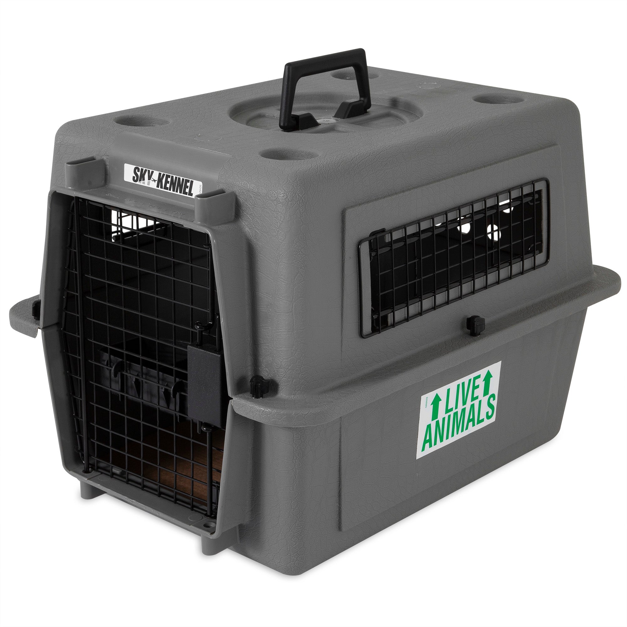 The 21 Sky Kennel Replacement Door by Pet-mates is designed with durable materials for safety. It includes a black metal door, side ventilation grates, Sky Kennel label, and Live Animals sticker, adhering to IATA standards. A sturdy handle on top facilitates easy transport.