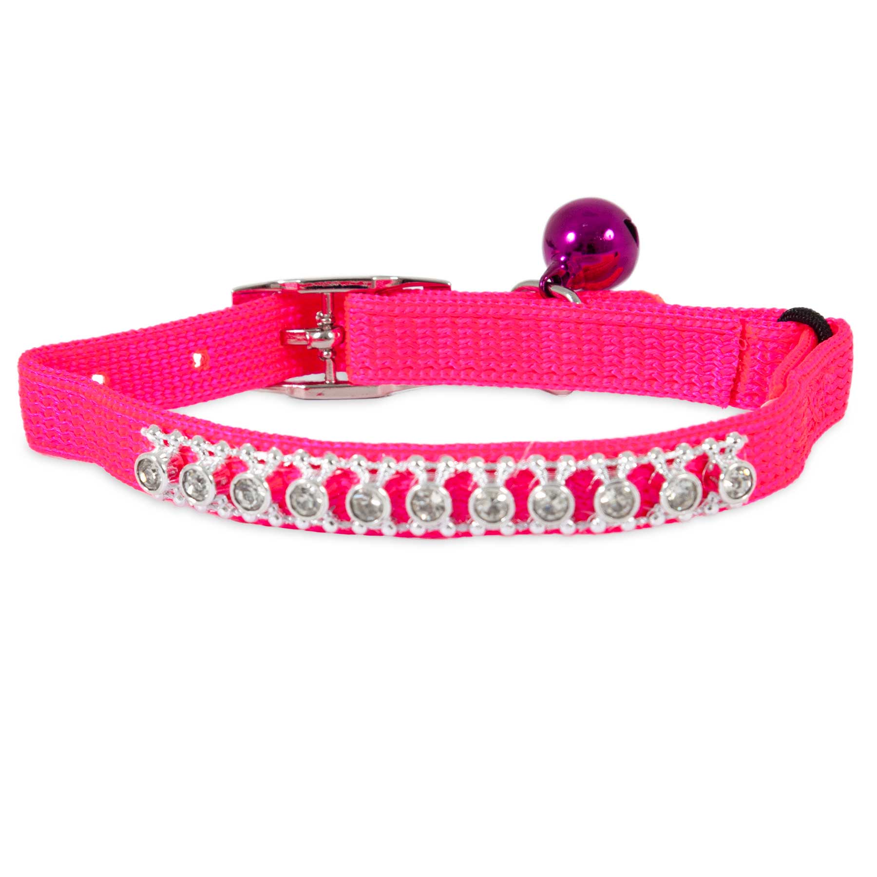 Meet the Pet-mates Pink Bling Elastic Cat Collar: a vibrant pink collar featuring clear rhinestones and a purple bell. This fashionable accessory has an adjustable buckle clasp, ensuring both style and comfort for your cat.