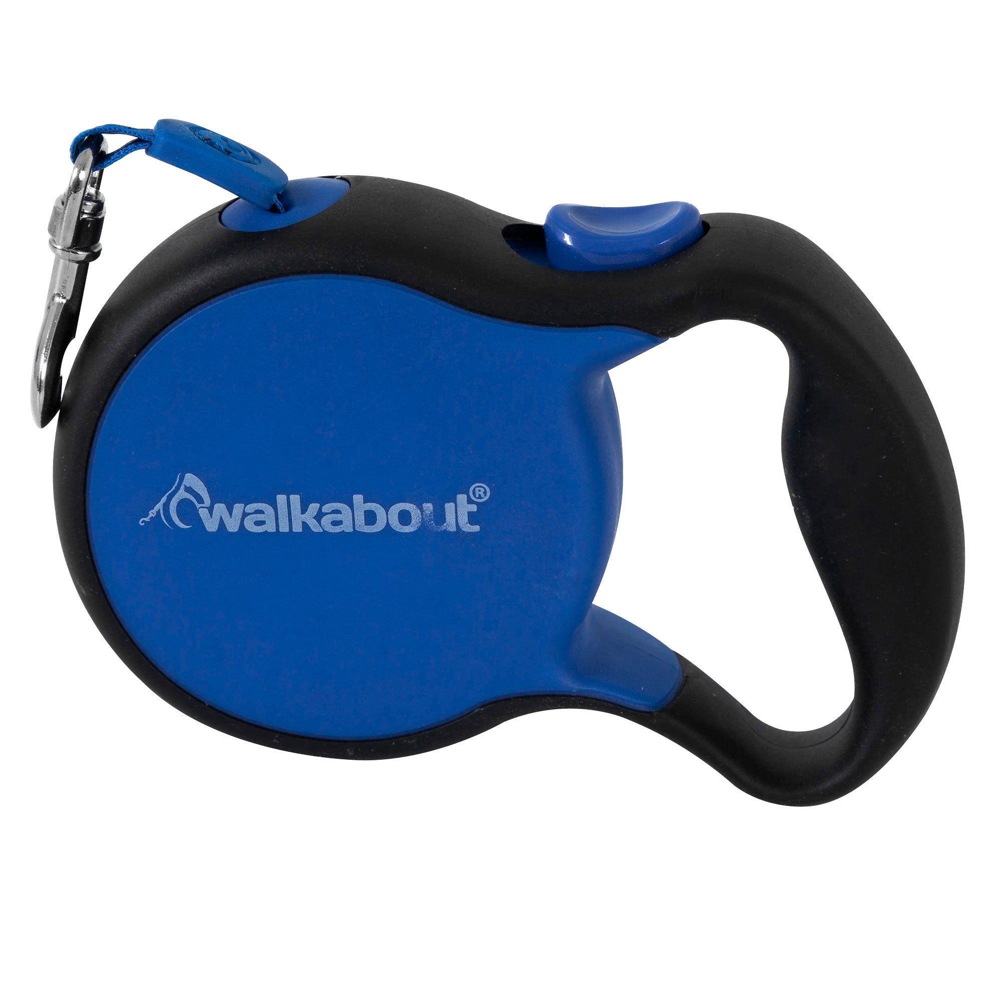 The Pet-mates Walkabout Retractable Leash by Pet-mates, in blue and black, includes a silver clip and ergonomic handle. It features Walkabout on the side, tangle-free inlets, and a quick action brake release for seamless walks.