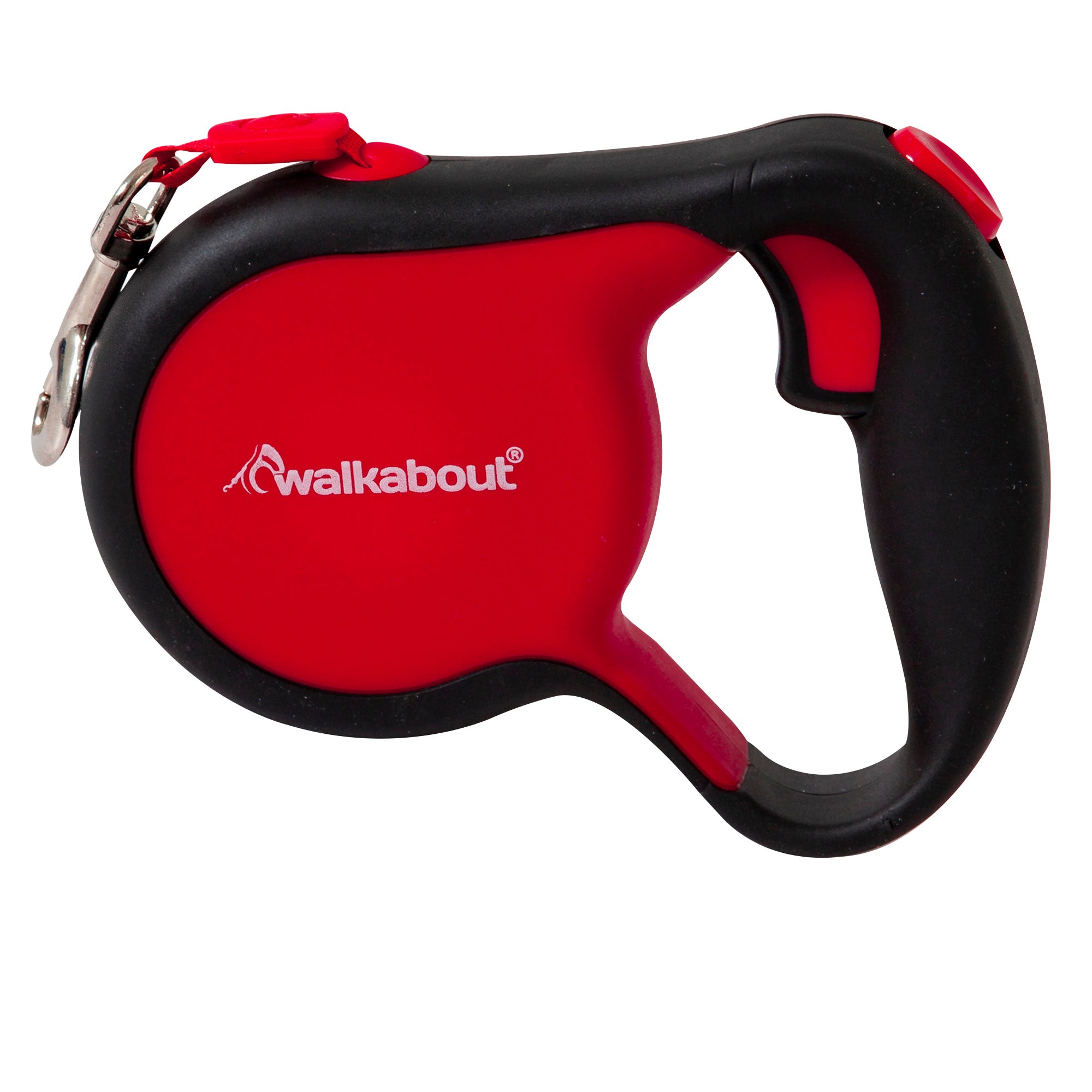 The Pet-mates Walkabout Retractable Leash in bold red and black boasts a comfy black handle. It features a quick-action brake release for safety during walks, with Pet-mates printed on the side for authenticity.