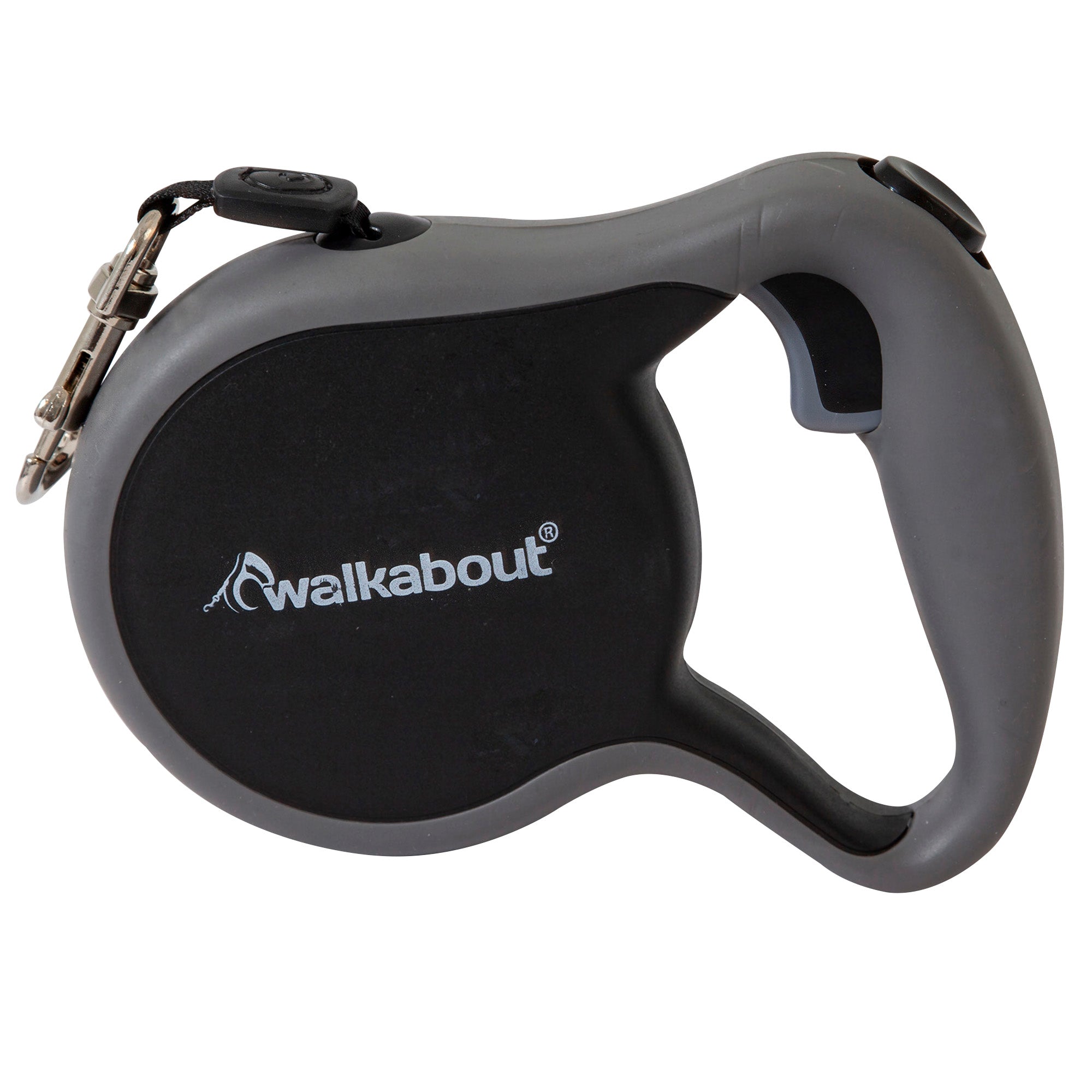 The Pet-mates Walkabout Retractable Leash by Pet-mates boasts a sleek gray and black design with a curved handle, quick-action brake release, and tangle-free inlets. The word walkabout adorns the side, and it includes a sturdy metal clip for secure outings.