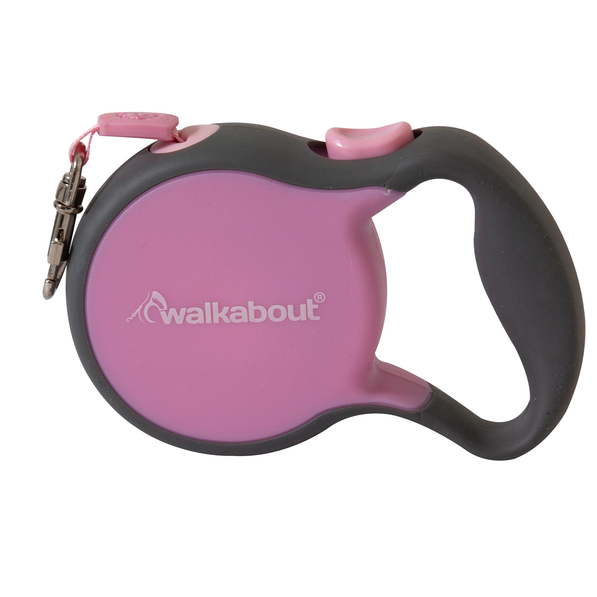 The Pet-mates Walkabout Retractable Leash features a pink design, black handle, and pink buttons. It includes a quick action brake release, tangle-free inlets, Pet-mates printed on the body, and a metal clasp for secure collar attachment.