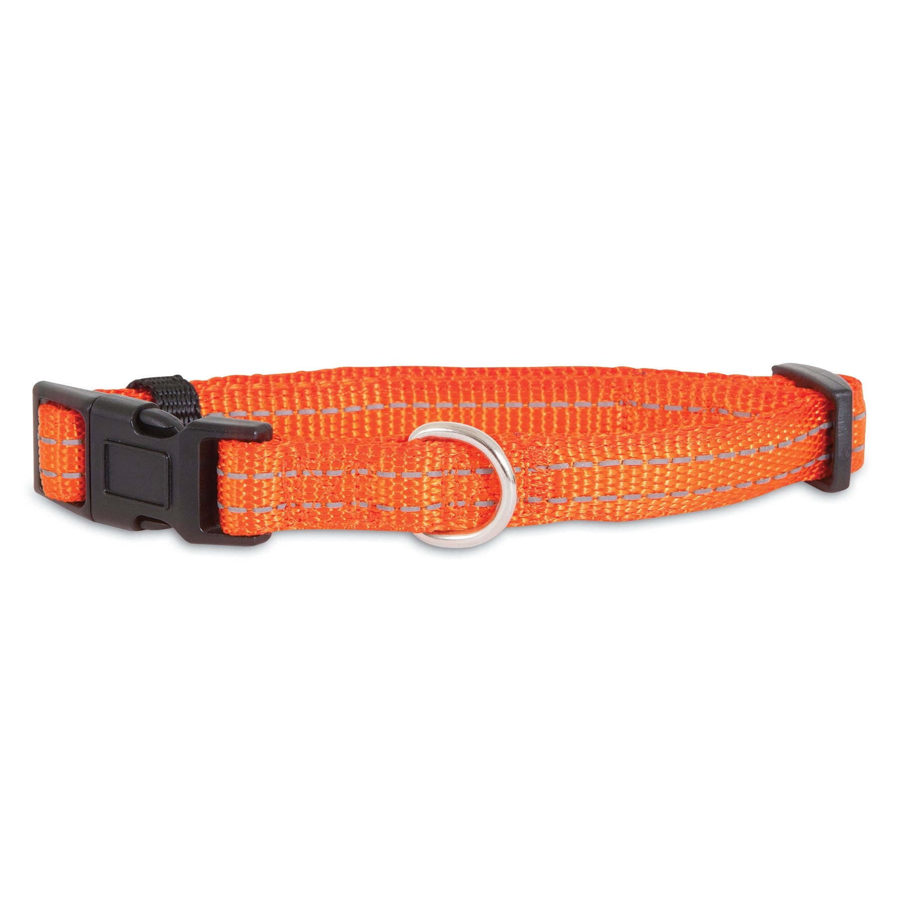 The Pet-mates Padded Reflective Adjustable Dog Collar is bright orange with a padded design, adjustable black plastic buckle, and silver metal ring for attaching leashes or ID tags, shown against a white background.