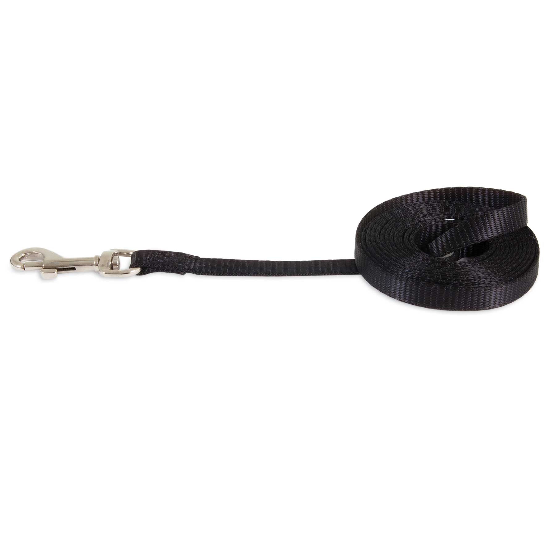 The Pet-mates Nylon Standard Core Dog Lead is a coiled black nylon leash from Pet-mates that includes durable hardware and features a metallic clasp on one end.
