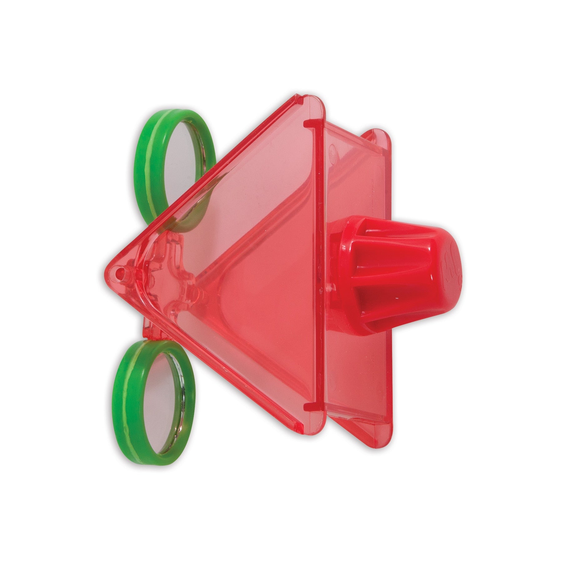 The JW Tilt Wheel Bird Toy by JW is a vibrant toy car made from transparent red plastic, shaped like a rounded-edge triangle. It has two green wheels on each side and a red cylindrical knob on top, ideal for playful parakeets or curious cockatiels to enjoy.