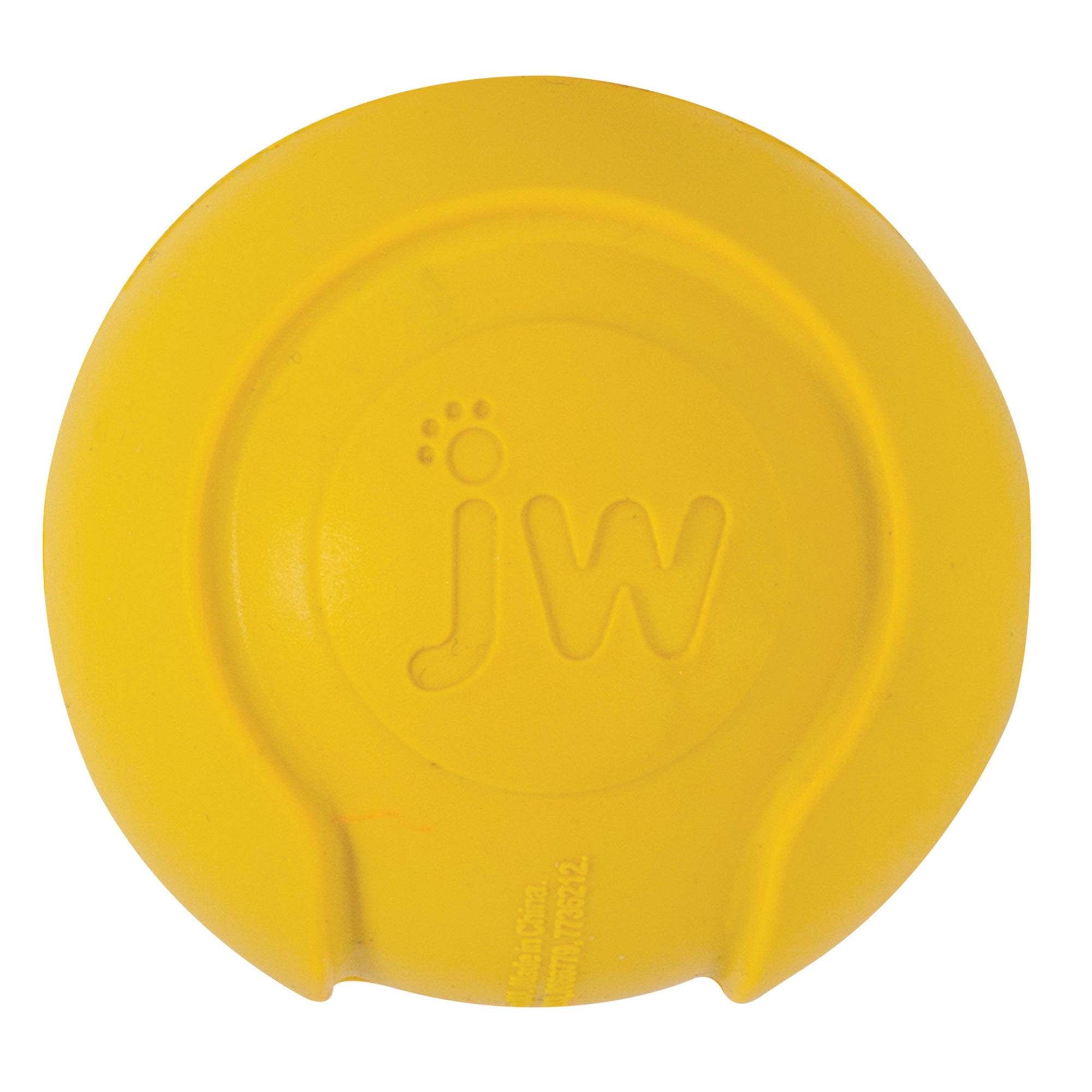 The JW iSqueak Bouncin Baseball by Jw is a round, yellow dog toy made of heavy-duty rubber. It has jw embossed on it and features a textured design with small ridges around the edges. It includes Safe-Squeaker Technology for worry-free play.