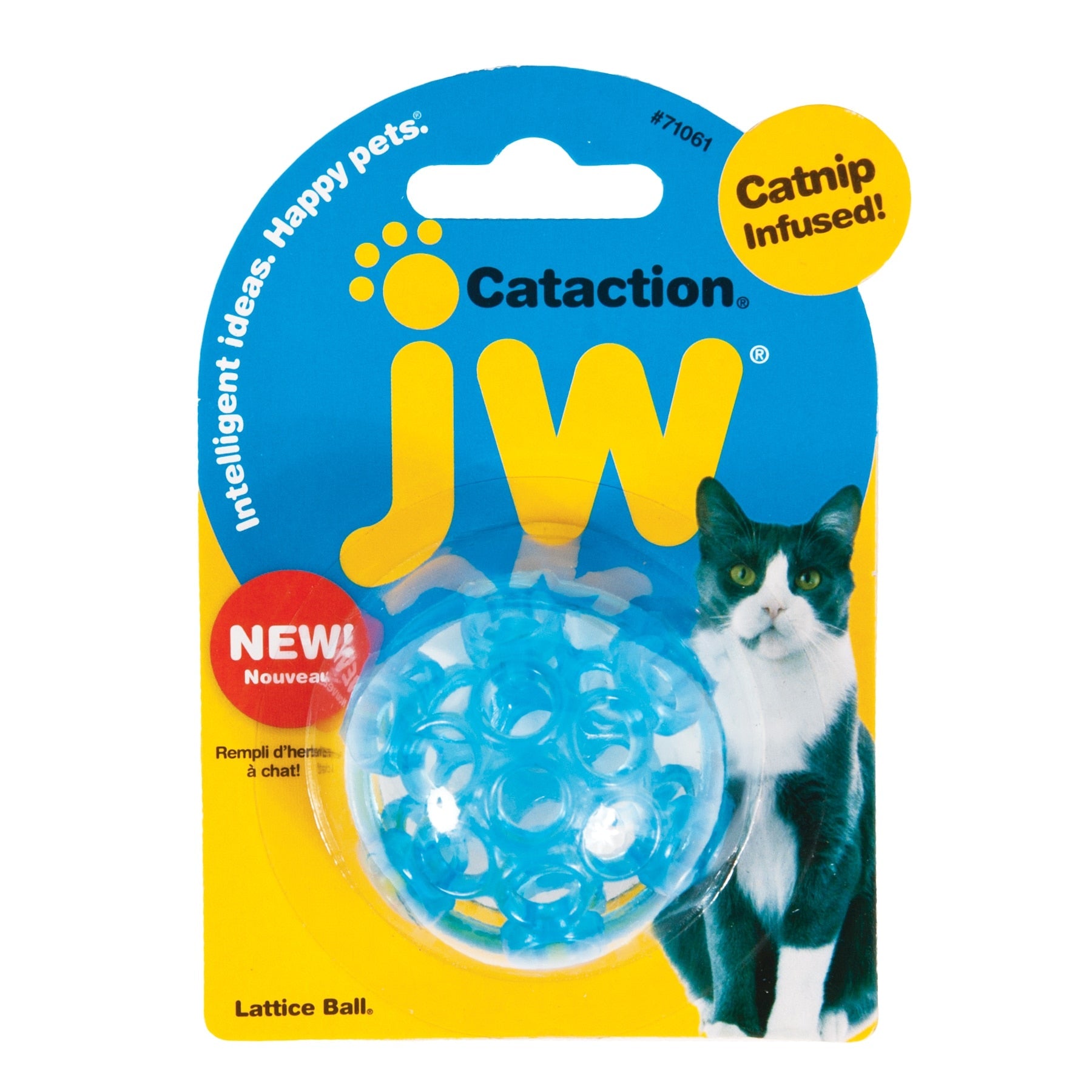 The JW Cataction Lattice Ball Cat Toy by Jw is housed in blue and yellow packaging featuring a black and white cat. Inside is a durable transparent blue lattice ball made from TPR rubber, designed for interactive play, with Catnip Infused text highlighting its new enticing feature.