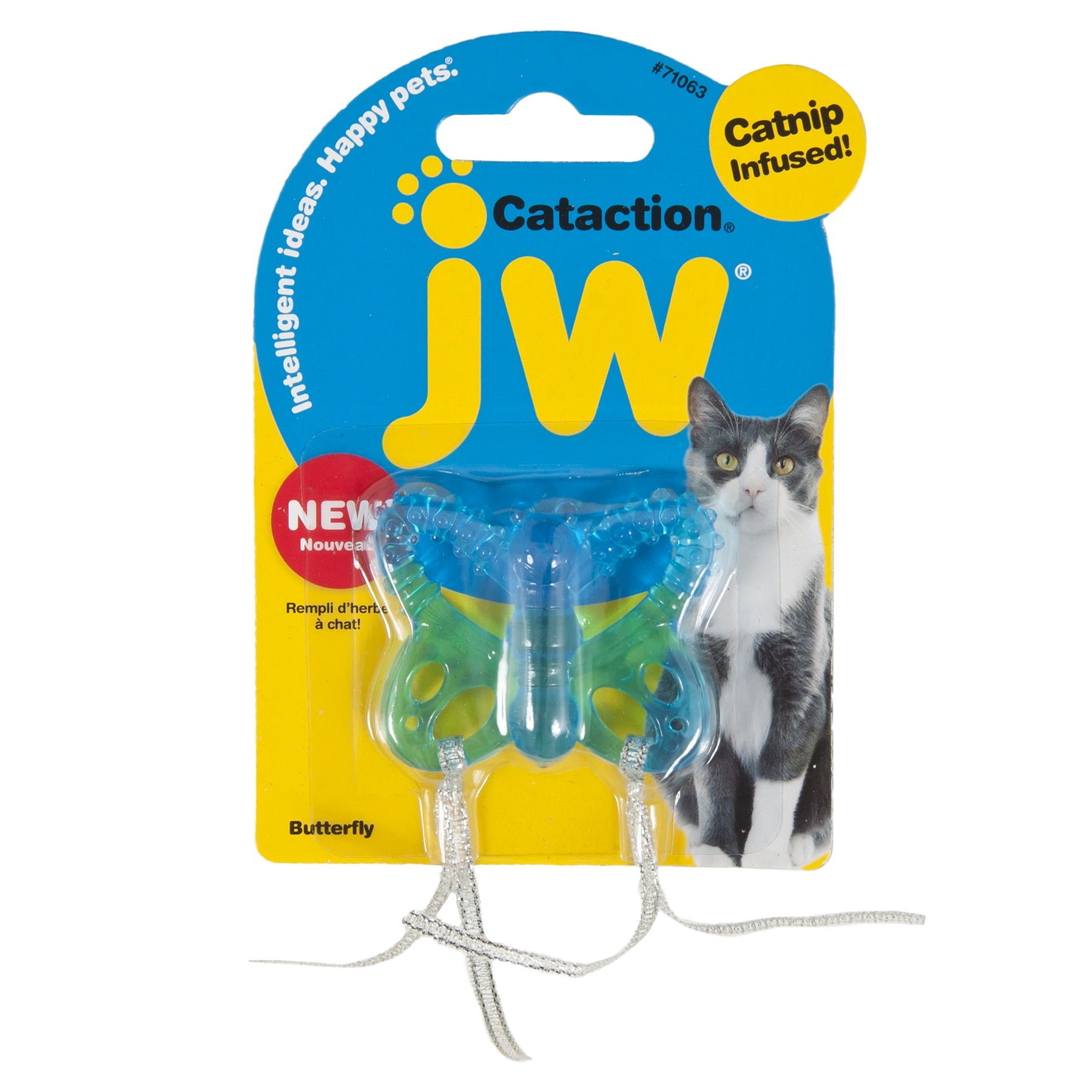 The JW Cataction Butterfly Cat Toy package features a blue butterfly with dangling strings, enhanced with catnip oils for interactive fun. A cat image on the right highlights its pet-friendly features.