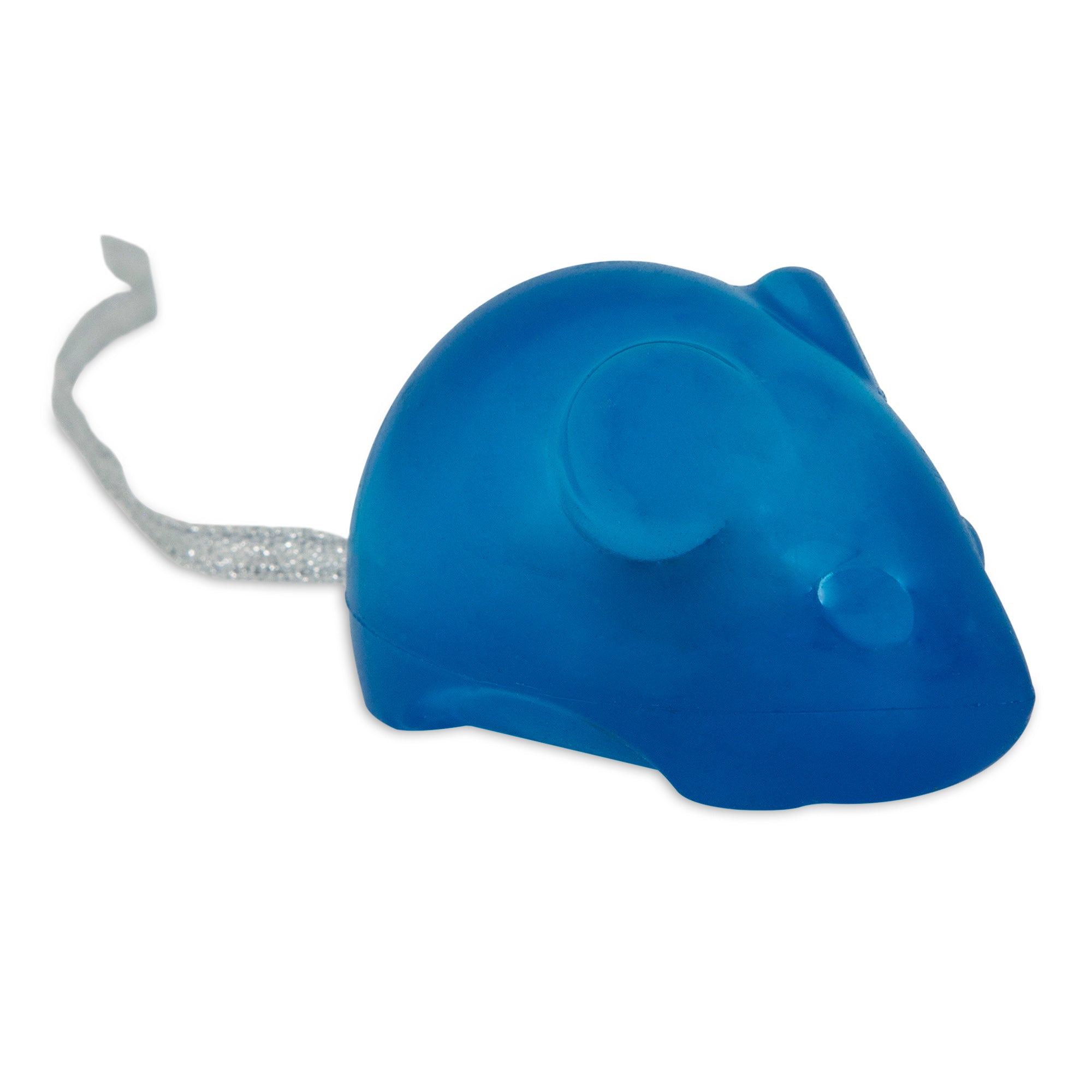 The JW Cataction Mouse W/ Rope Tail by Jw is a blue, mouse-shaped soap featuring round ears and a smooth surface, complete with a silver ribbon-like tail. Infused with catnip oils, this playful design promises stimulating play against its plain white background.