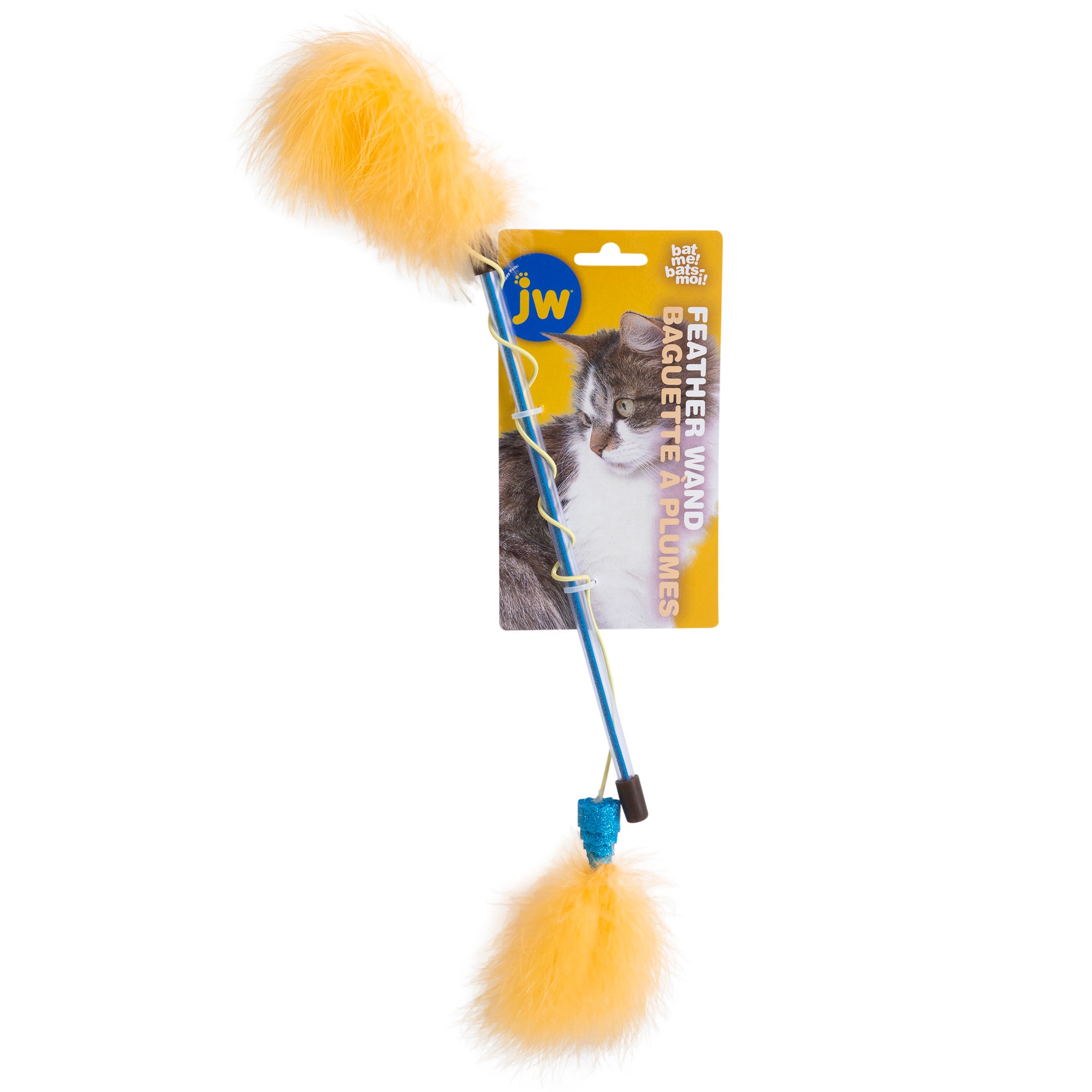 The JW Feather Wand Cat Toy features a blue handle with vibrant yellow feathers on both ends. Its packaging displays a playful cat image and the JW logo, promising endless feline fun.