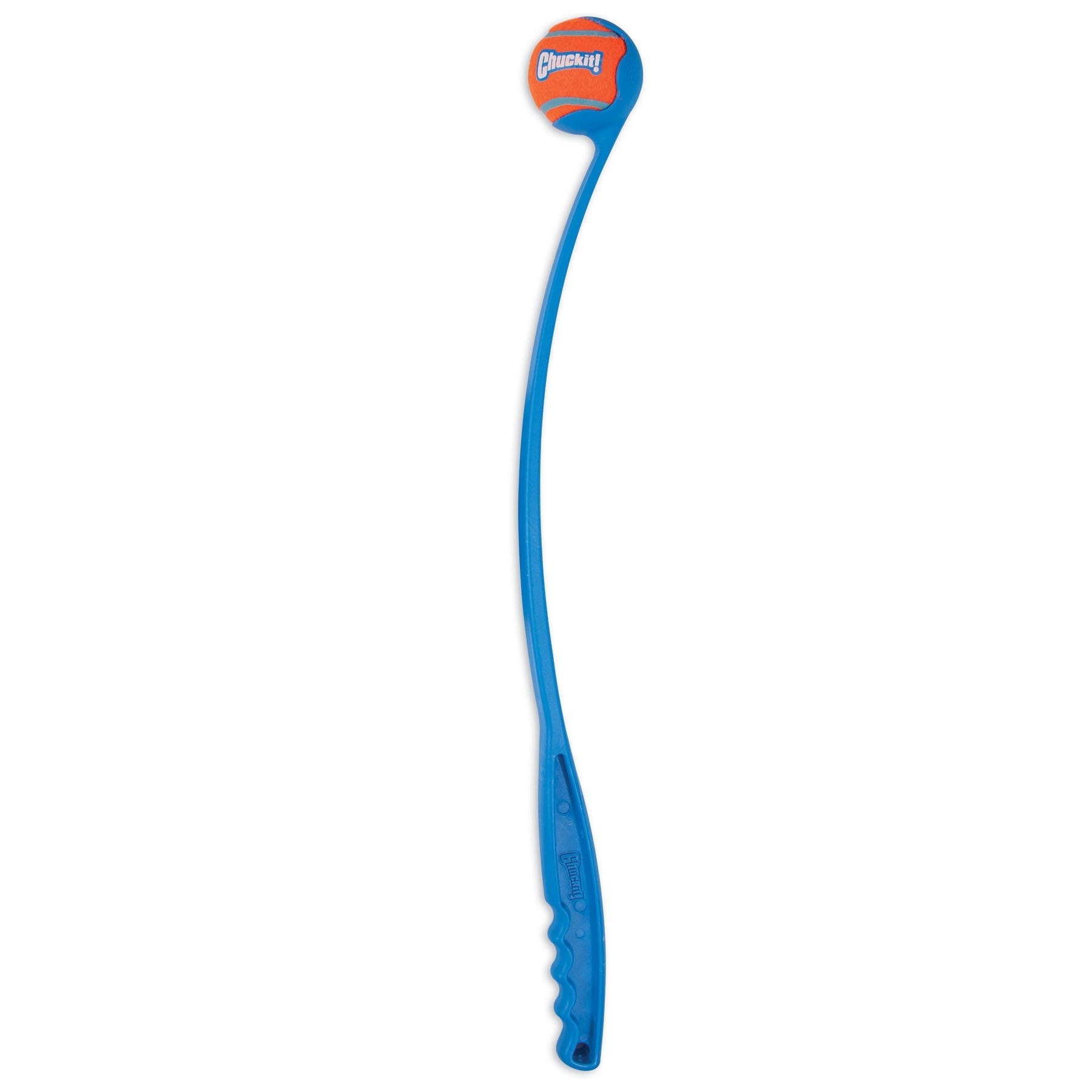 The Chuckit! Classic Dog Ball Launcher, by Chuckit, boasts a blue scoop-like head with red and white branding for hands-free ball pickup. Its ergonomic handle ensures a comfortable grip for effortless tossing during playtime.