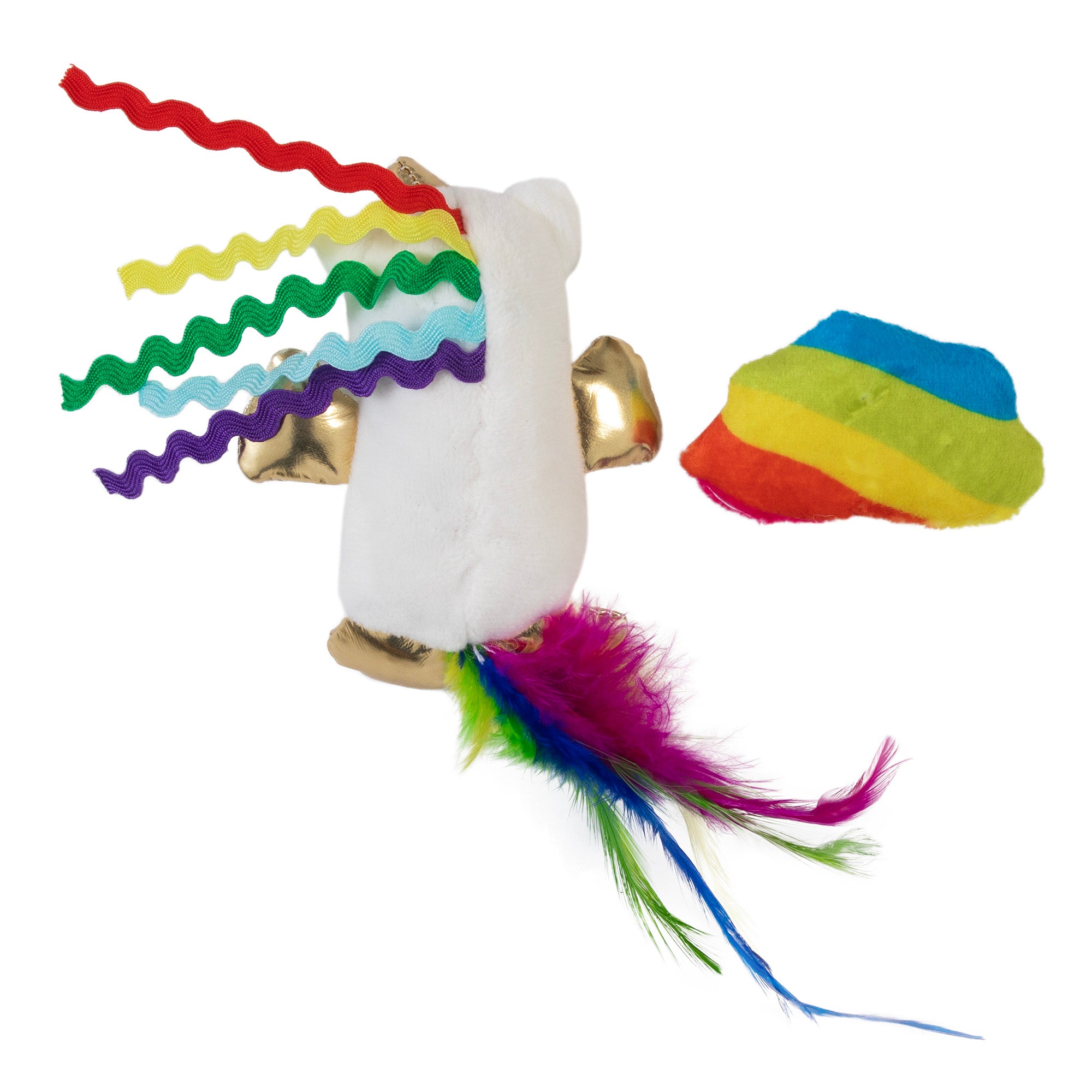 The Mad Cat Mewnicorn With Catnip & Silvervine Cat Toy is a plush unicorn featuring rainbow ribbon mane and tail, golden wings and ears, colorful feathers at the tail base, and a rainbow mound. Infused with catnip, it entices playful paws for whimsical feline adventures.
