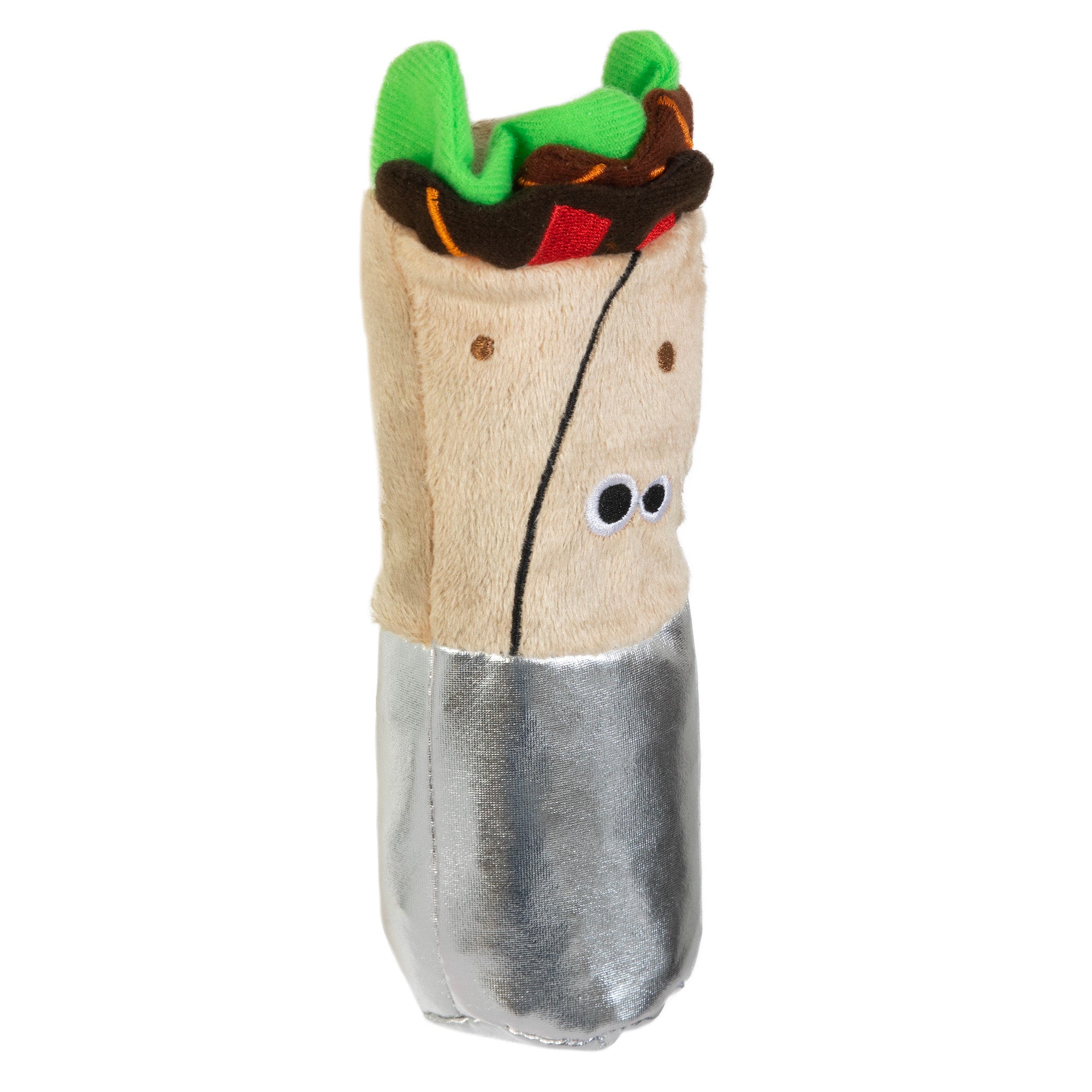 The Mad Cat Burrito Kicker Catnip & Silvervine Cat Toy is a plush burrito-shaped toy with cartoon eyes, featuring green and brown toppings on top and shiny silver fabric mimicking foil at the bottom. Stuffed with catnip, its perfect for feline fun!.
