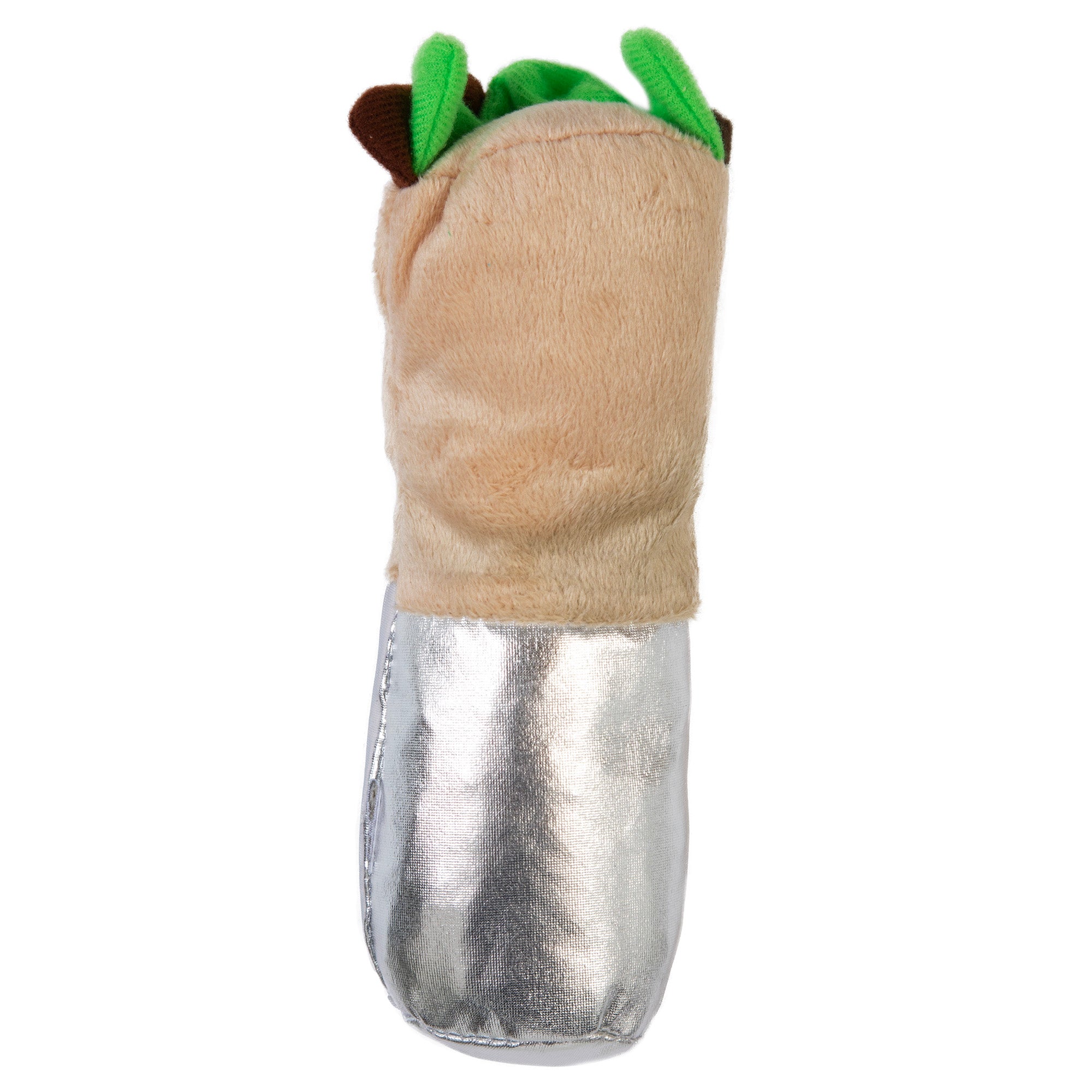 The Mad Cat Burrito Kicker is a plush toy perfect as a cat toy! It features green and brown fabric resembling lettuce and toppings wrapped in shiny silver fabric to mimic foil, with catnip inside for extra feline fun.