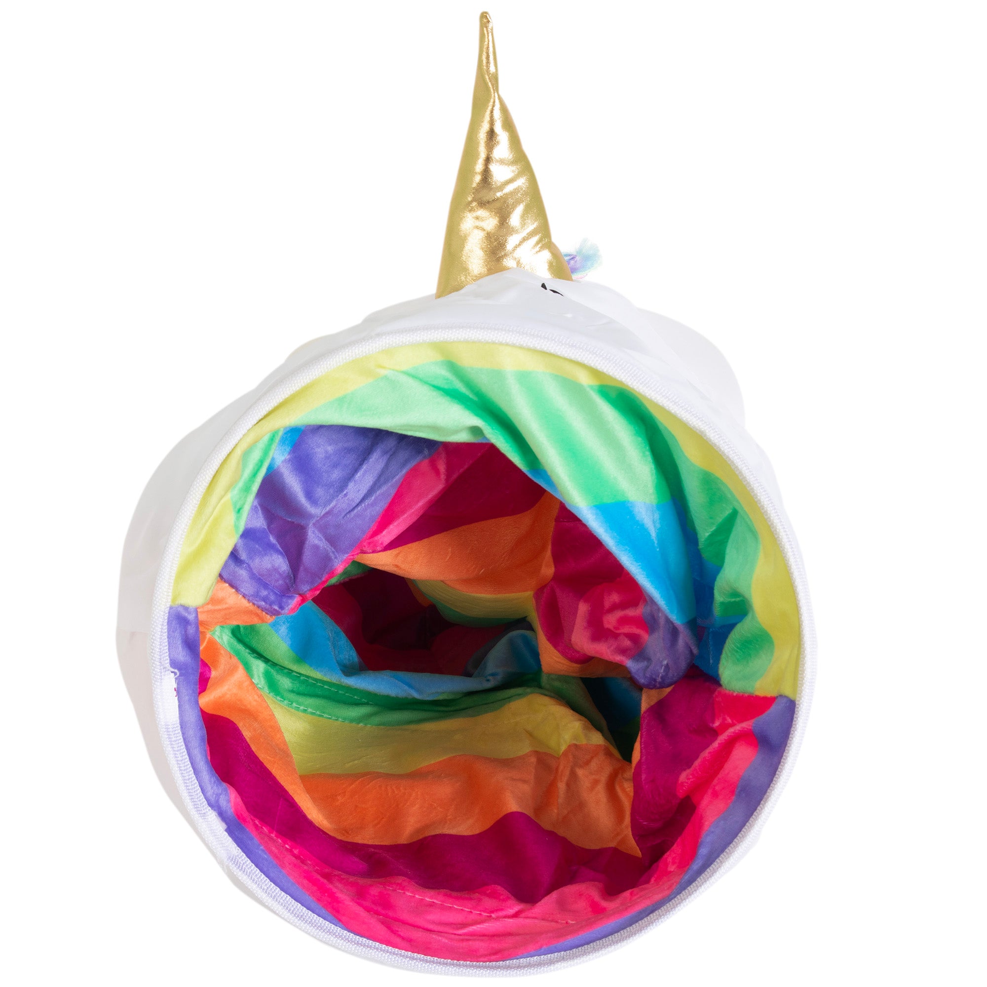 The Mad Cat Mewnicorn Unicorn 38 Play Tunnel, by Mad Cat, is a vibrant pet toy with rainbow colors and a shiny golden horn, resembling a magical unicorns horn when rolled up. This non-toxic play tunnel promises hours of interactive fun for your feline friend.