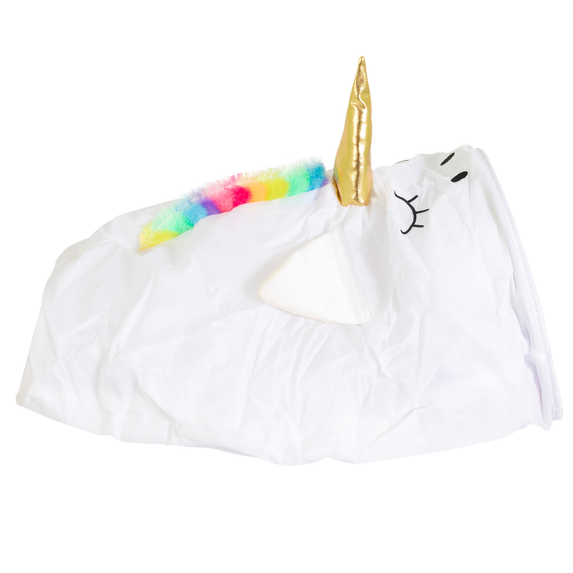 The Mad Cat Mewnicorn Unicorn 38 Play Tunnel features a white unicorn design with a gold horn and a rainbow mane. It has simplistic black eye and nose details, providing an enchanting play experience for your cat.