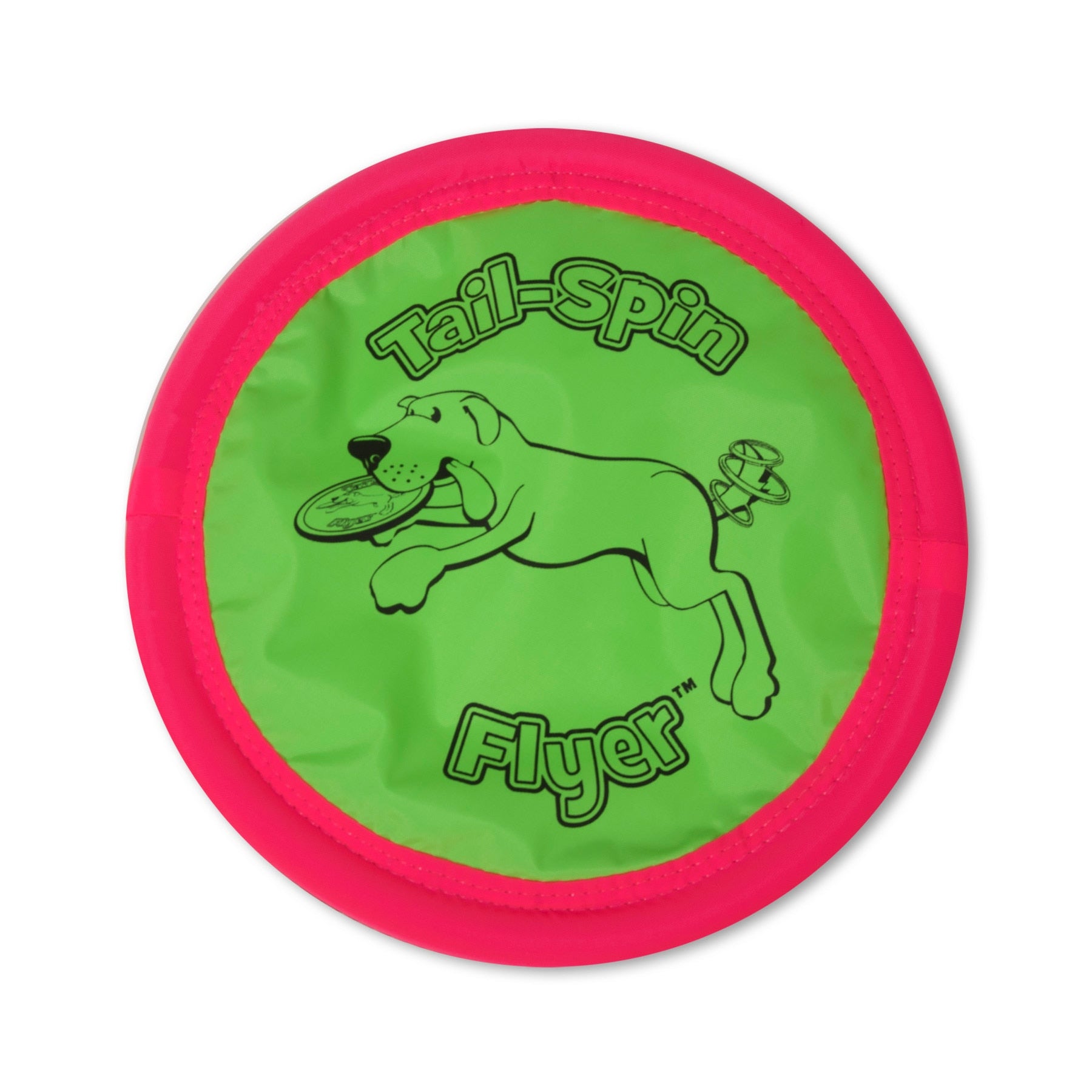 The Pet-mates Booda Tail Spin Flyer is a round green and pink interactive dog toy featuring a dog-catching frisbee illustration. The Tail-Spin Flyer text adds to the excitement, making it an ideal fetch toy for your pet.