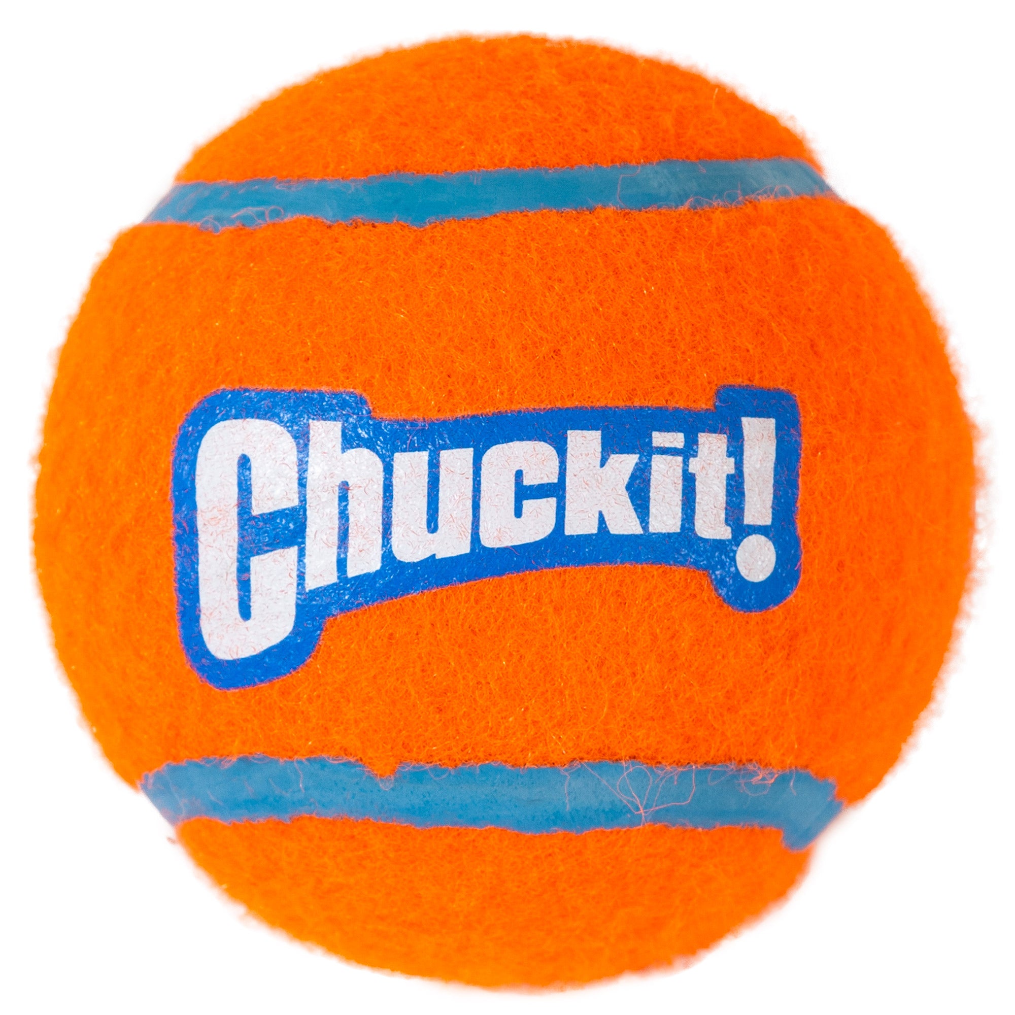 The Chuckit! Tennis Balls for Dogs by Chuckit feature an orange and blue design with Chuckit! branding and two encircling blue stripes, made from durable material.
