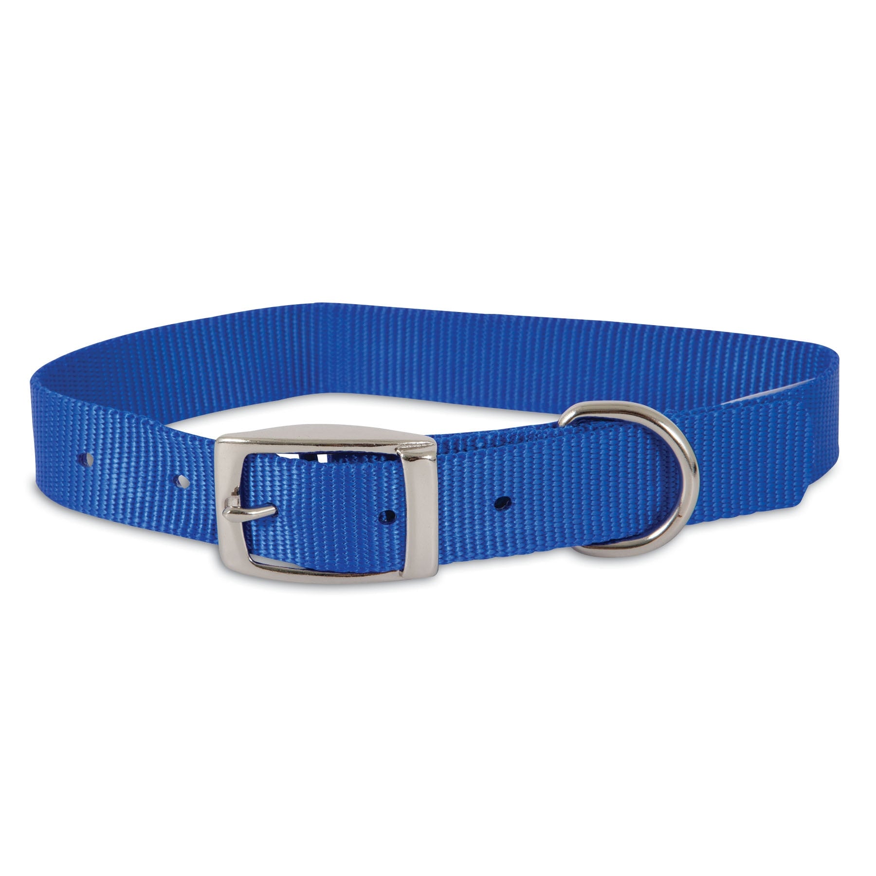 The Pet-mates Standard Nylon Custom Fit Core Collar for Dogs, in blue, includes a silver buckle and D-ring. Made by Pet-mates, it features durable nylon with heavy-duty stitching for long-lasting use and multiple adjustment holes for a perfect fit.
