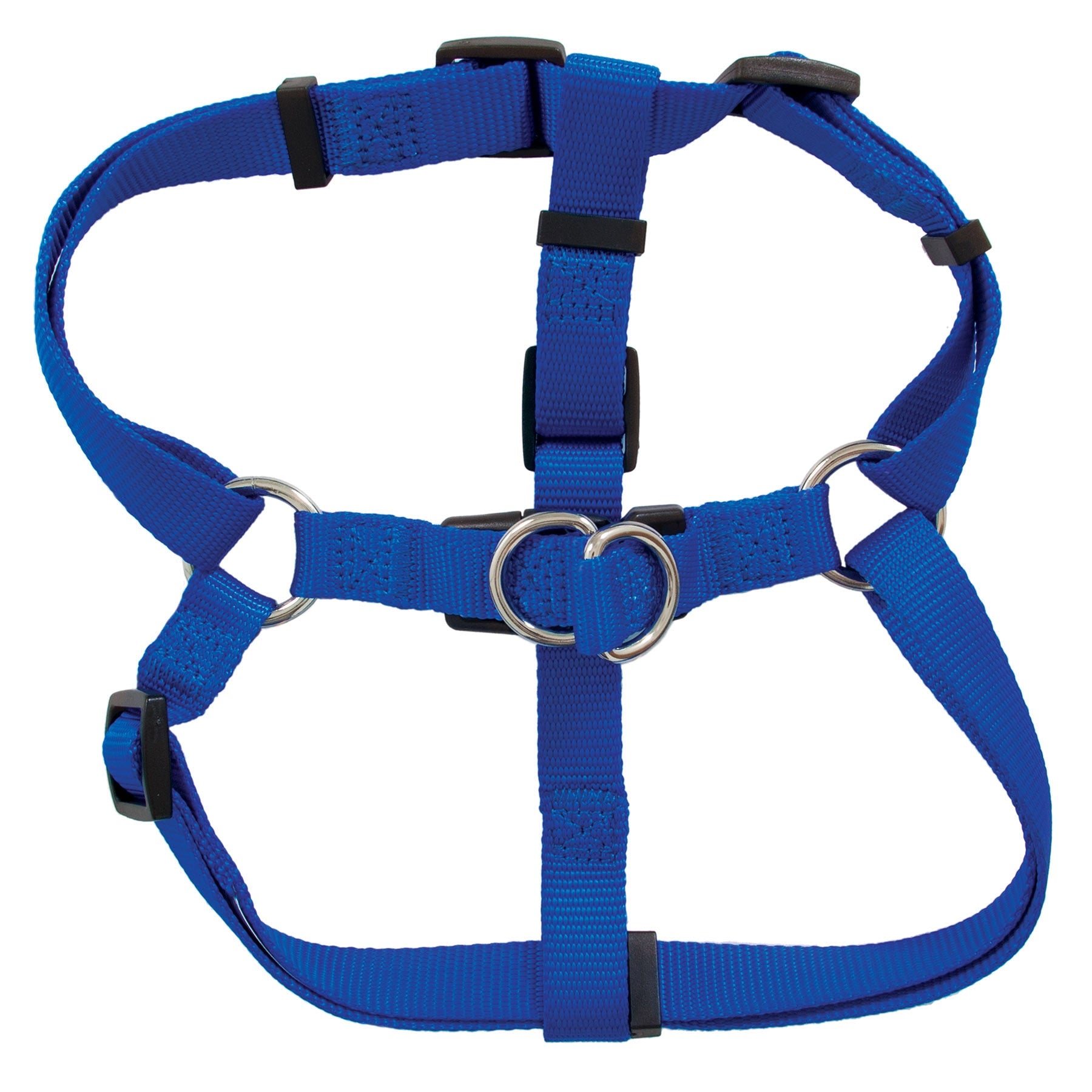The Pet-mates Adjustable Standard Step-In Core Harness, in blue with black plastic buckles and metal rings, lies flat on a white background. Made of webbed fabric for comfort, it fits snugly on a dog with an easy step-in design and offers multiple leash connection points.