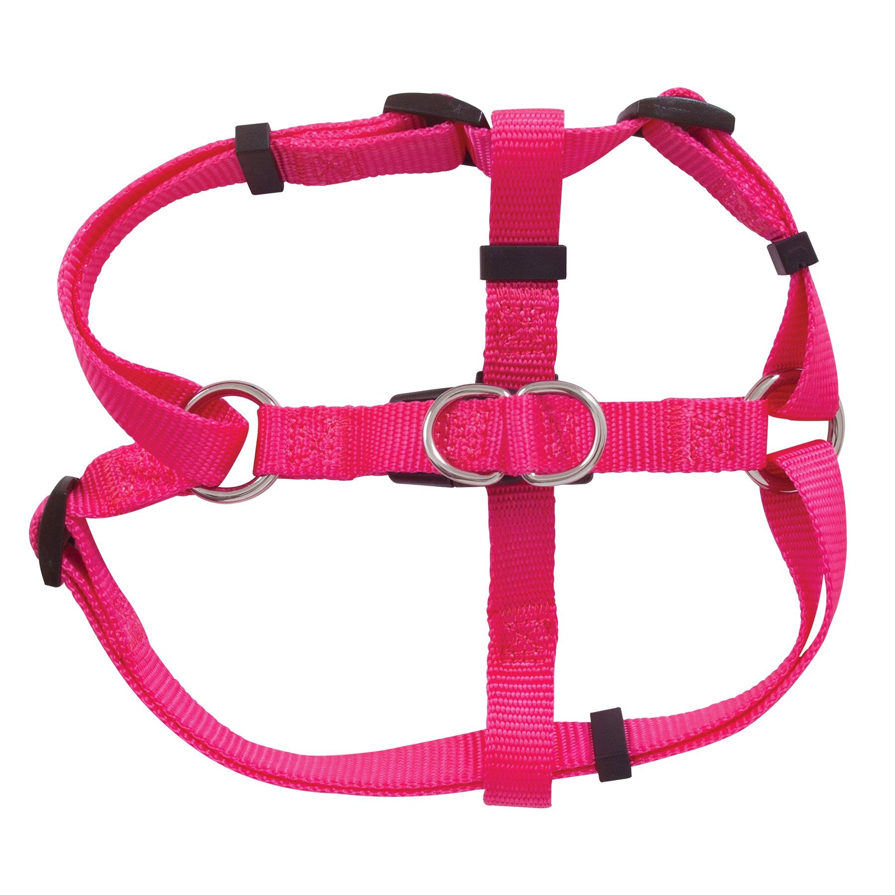 The Pet-mates Adjustable Standard Step-In Core Harness by Pet-mates is a bright pink dog harness featuring adjustable straps, metal rings for secure leading, and black plastic buckles for quick and reliable fastening.
