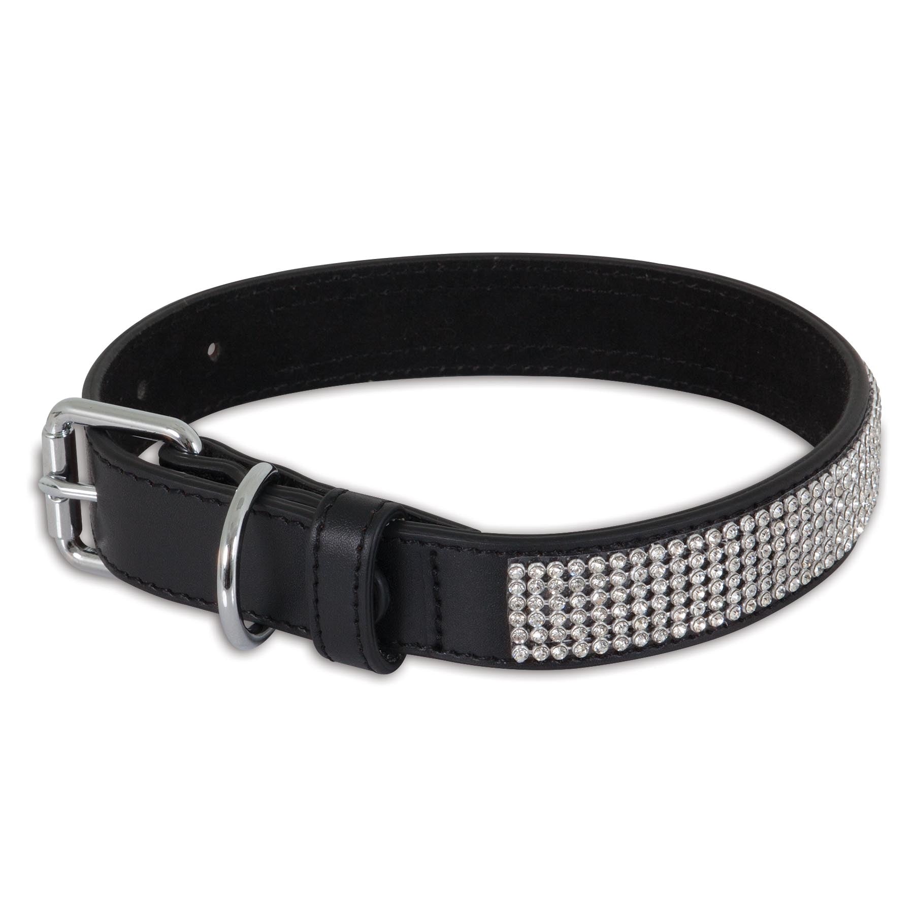 A sleek black leather belt with a silver buckle and shimmering rhinestones, akin to the Pet-mates Bling Leather Custom Fit Collar.