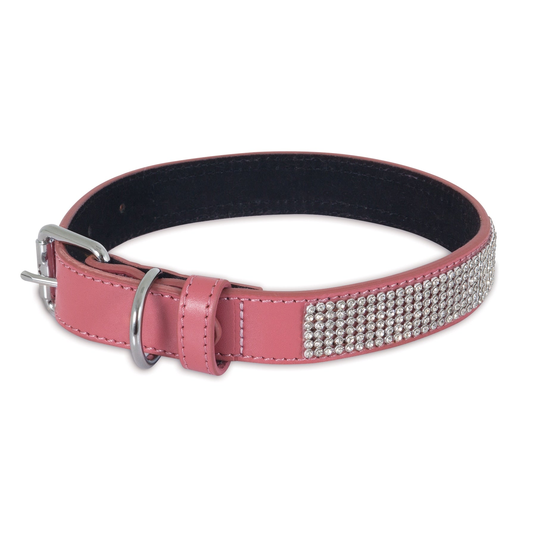 The Pet-mates Bling Leather Custom Fit Collar is a pink dog collar adorned with rhinestones and a metal buckle, featuring contrasting black leather inside and a loop for easy attachment.