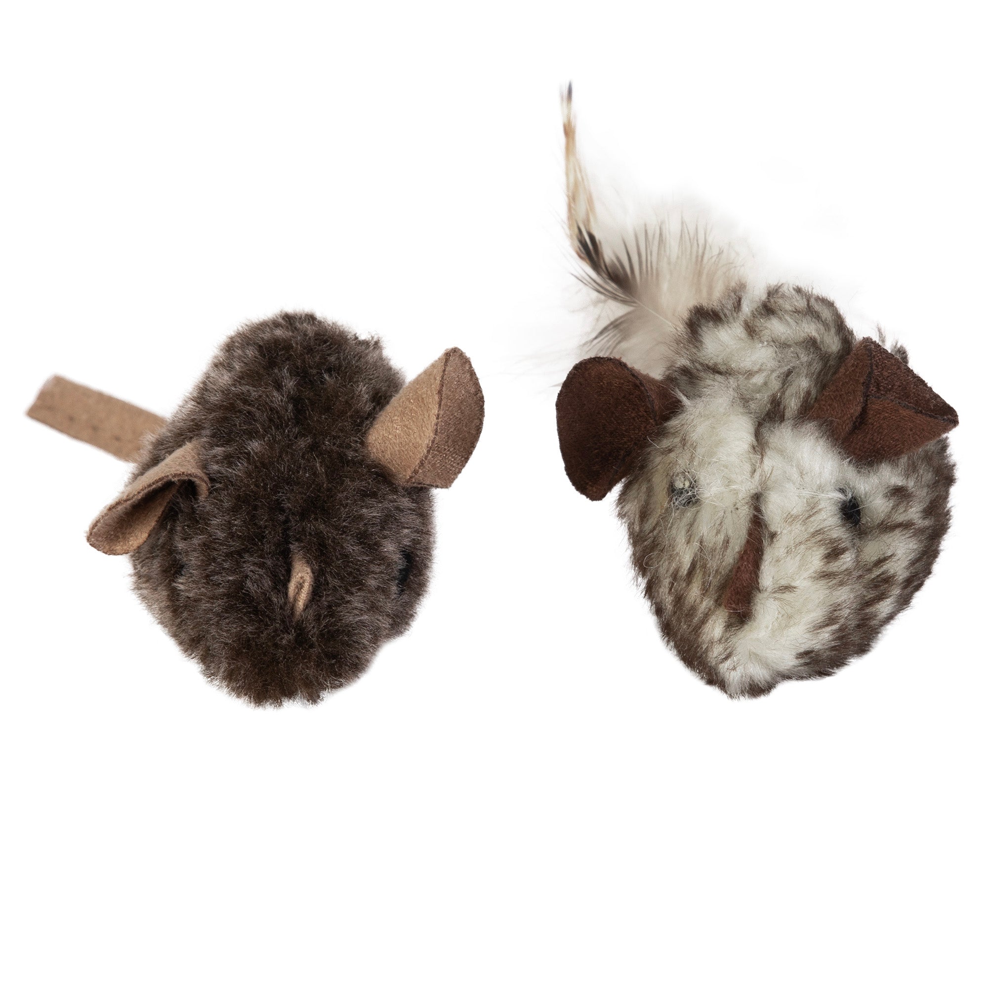 The Mad Cat Double Trouble Mice are perfect cat toys, featuring two plush mice on a white background. One brown with a fabric tail, the other speckled beige with a feather tail. Both have beady eyes, soft fuzzy material, and are infused with catnip for added fun!.