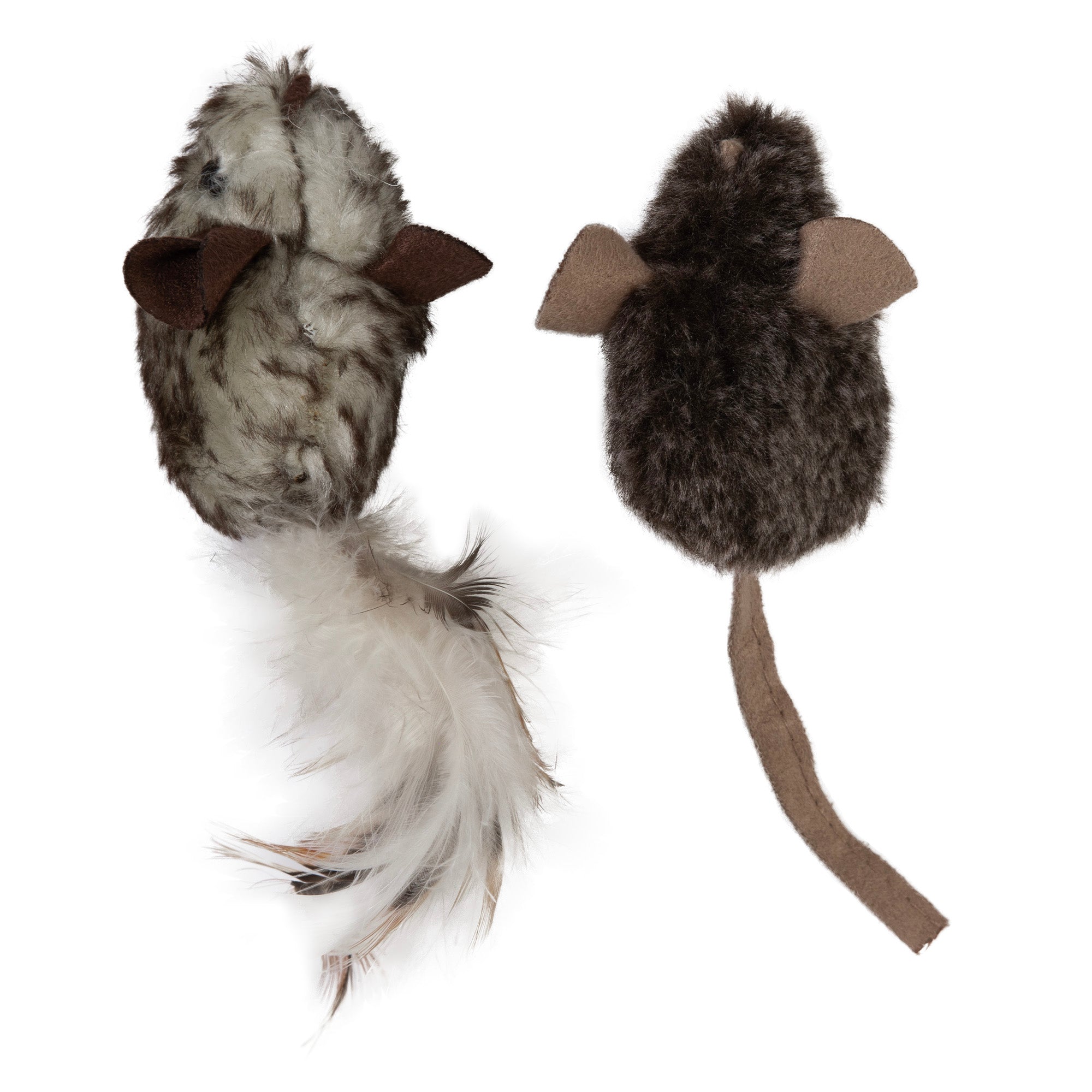 The Mad Cat Double Trouble Mice, by Mad Cat, include two plush cat toys infused with catnip. One is gray with a long white feather tail; the other is dark brown with a short fabric tail. Both have felt ears and are designed to entertain playful pets with real mouse sounds.