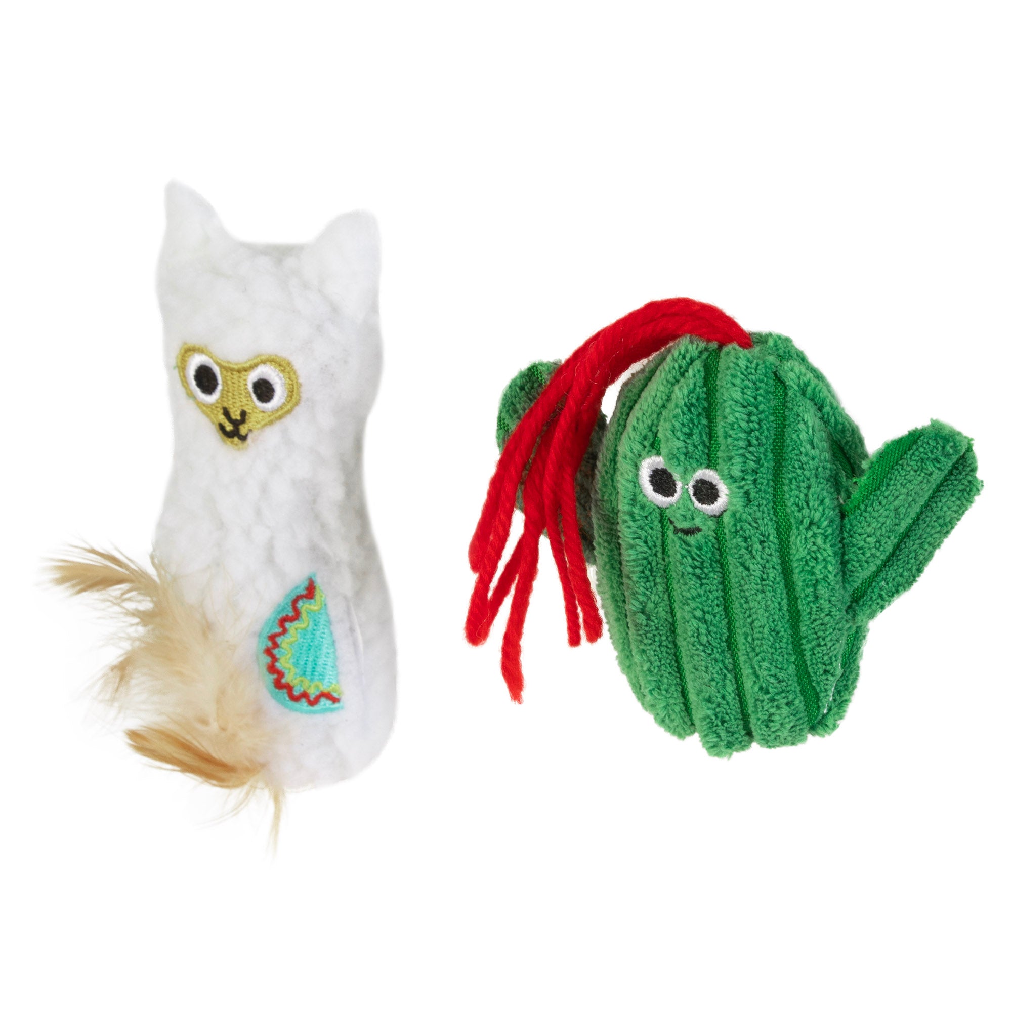 The Mad Cat Lucky Llama cat toy features a plush llama with fluffy tail and embroidered details, next to a green cactus adorned with googly eyes and red yarn hair. Both are infused with catnip and silvervine for colorful, soft fun, perfect for children, pets, or as an enticing cat toy.