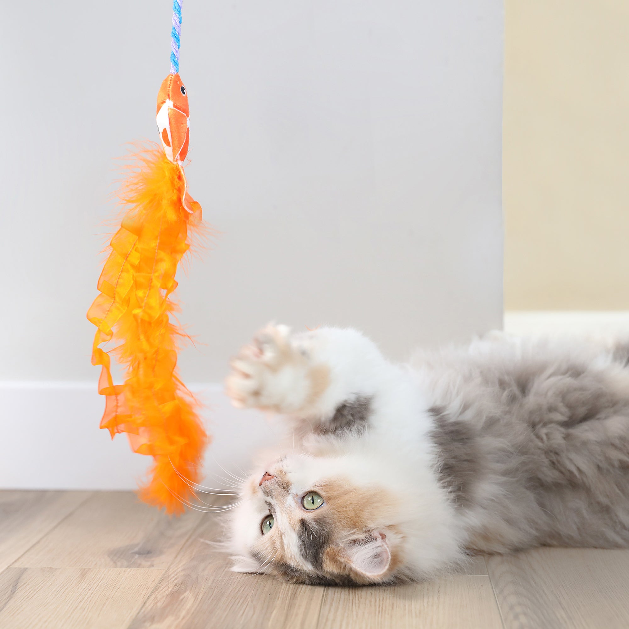 A fluffy cat on a wooden floor playfully reaches for the Quirky Kitty Cute Koi Wand, featuring a lively orange feather and blue rope. The curious felines gaze is set against a pale backdrop with hints of a white wall behind.