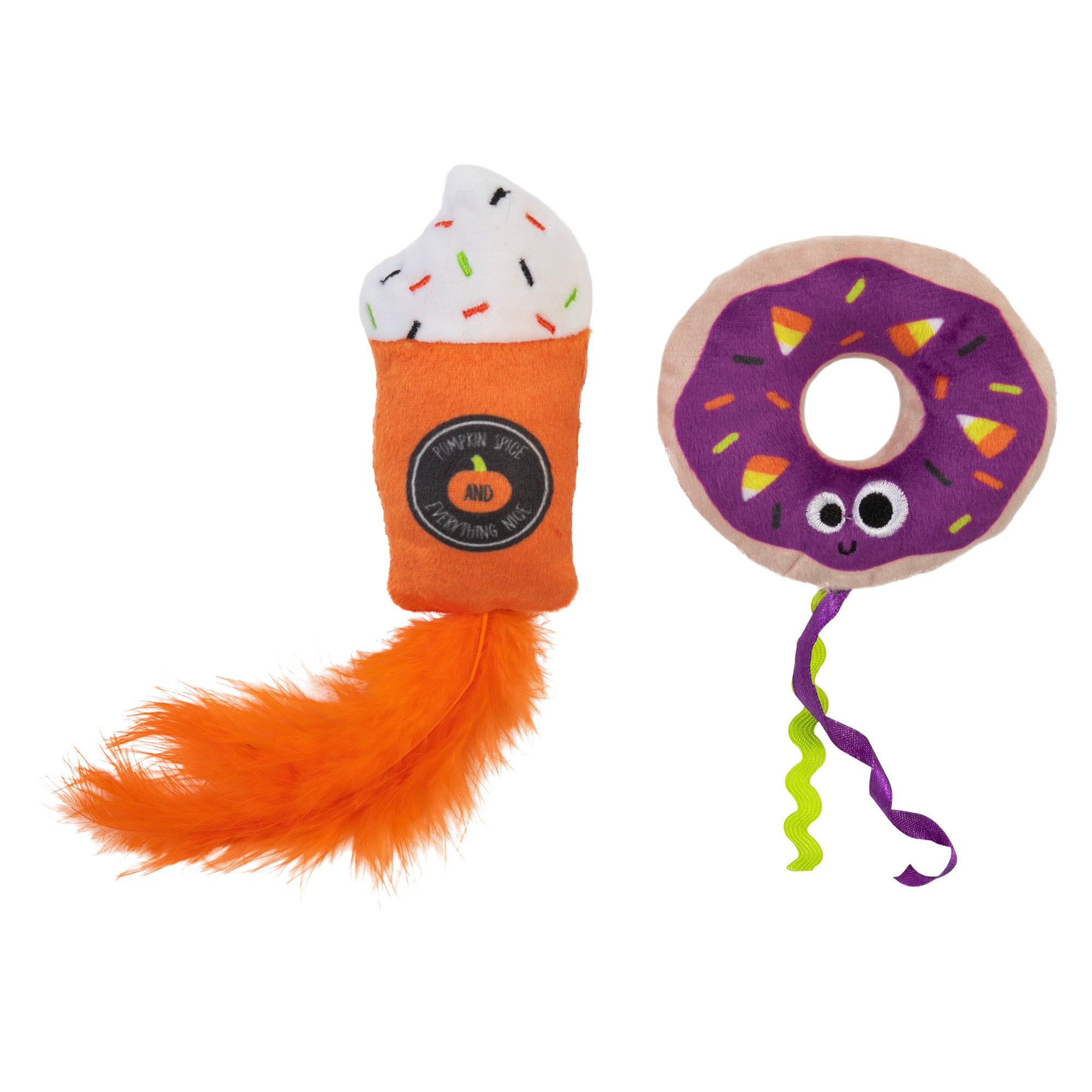 The Mad Cat Festive Fall Treat Plush Cat Toy set includes two Silvernip-infused items: a plush ice cream cone with an orange furry tail and sprinkles, and a purple donut featuring eyes, smiley face icing, sprinkles, and green-purple ribbons.