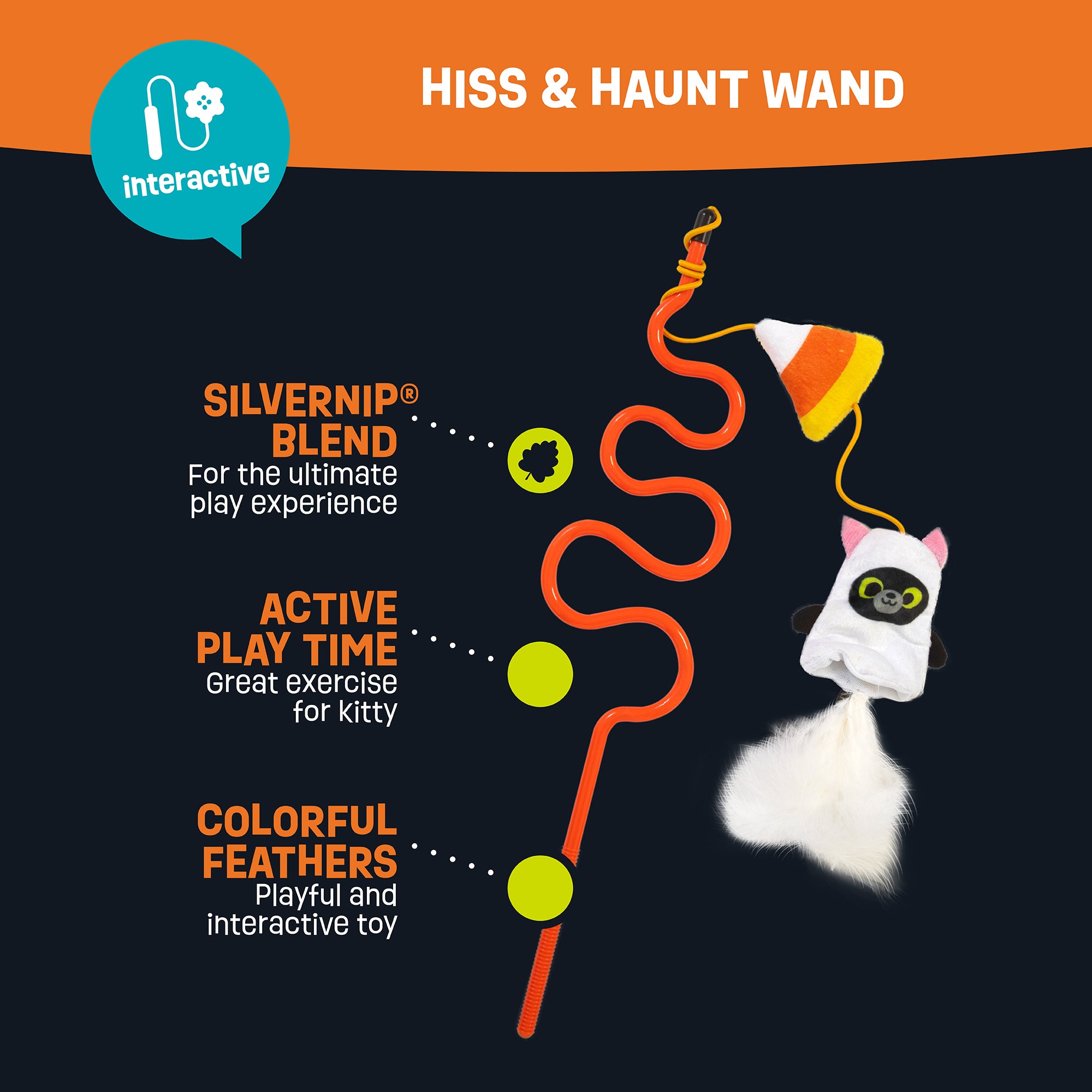 Introducing Mad Cats Hiss & Haunt Wand, featuring an orange wavy wand, candy corn hat, colorful feathers, and a tiny ghost. Enhanced with Silvernip Blend for interactive play, it guarantees endless fun for your feline friend.