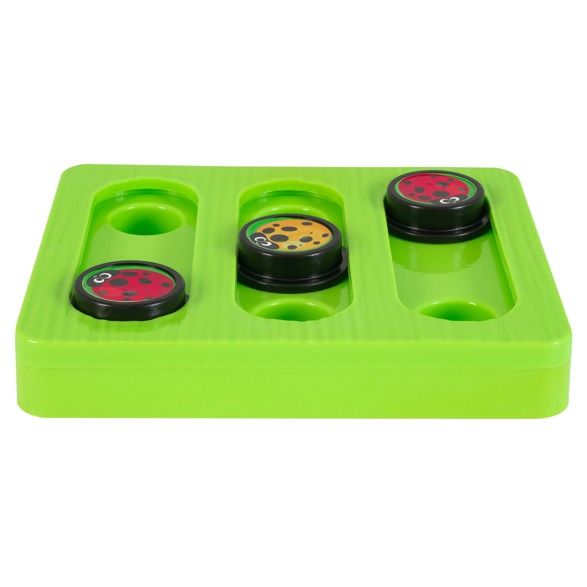 The Mad Cat Battin At Bugs Bento Box is a green plastic puzzle toy for cats. It features three circular pieces with red and yellow ladybug designs that fit into recessed tracks on the surface, turning it into an interactive treat dispenser that challenges your feline friend.