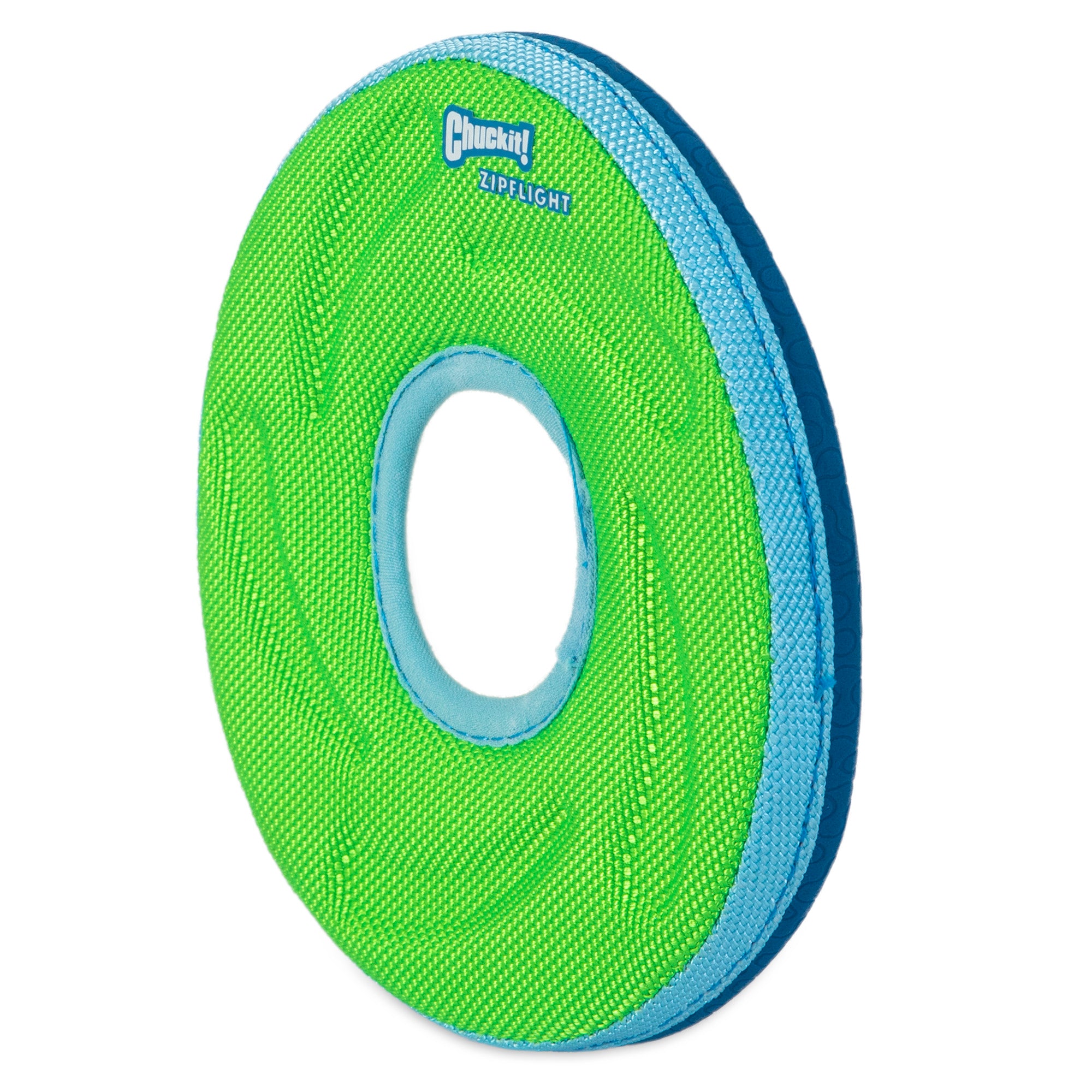 The Chuckit! Amphibious Zipflight is a green and blue fabric dog frisbee with Chuckit! branding, featuring a circular design with an open center and textured edges. Perfect for long-distance fetch, its a floating toy ideal for endless canine fun.