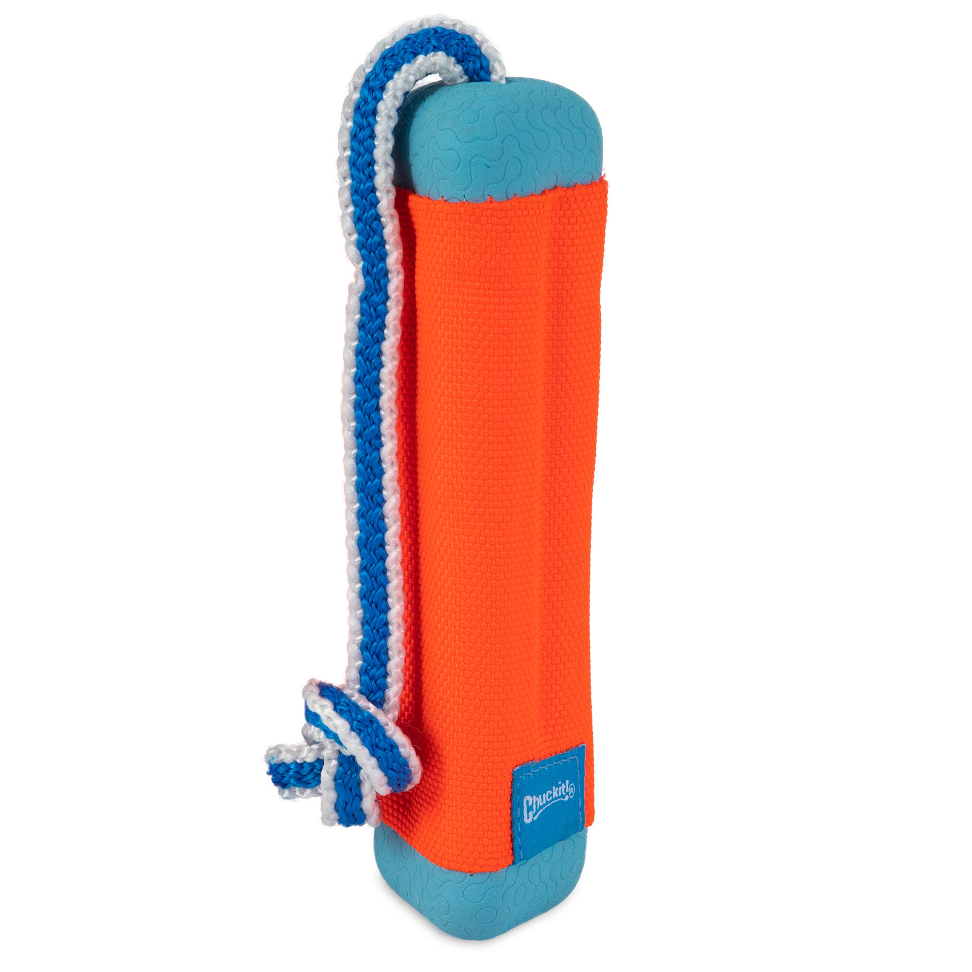 The Chuckit! Amphibious Fetch Pack by Chuckit features a cylindrical, bright orange textured body and blue rounded ends. A blue and white rope is attached at the top for tugging or carrying, and a small blue label adorns the side. Crafted with durable materials for fetching fun!.
