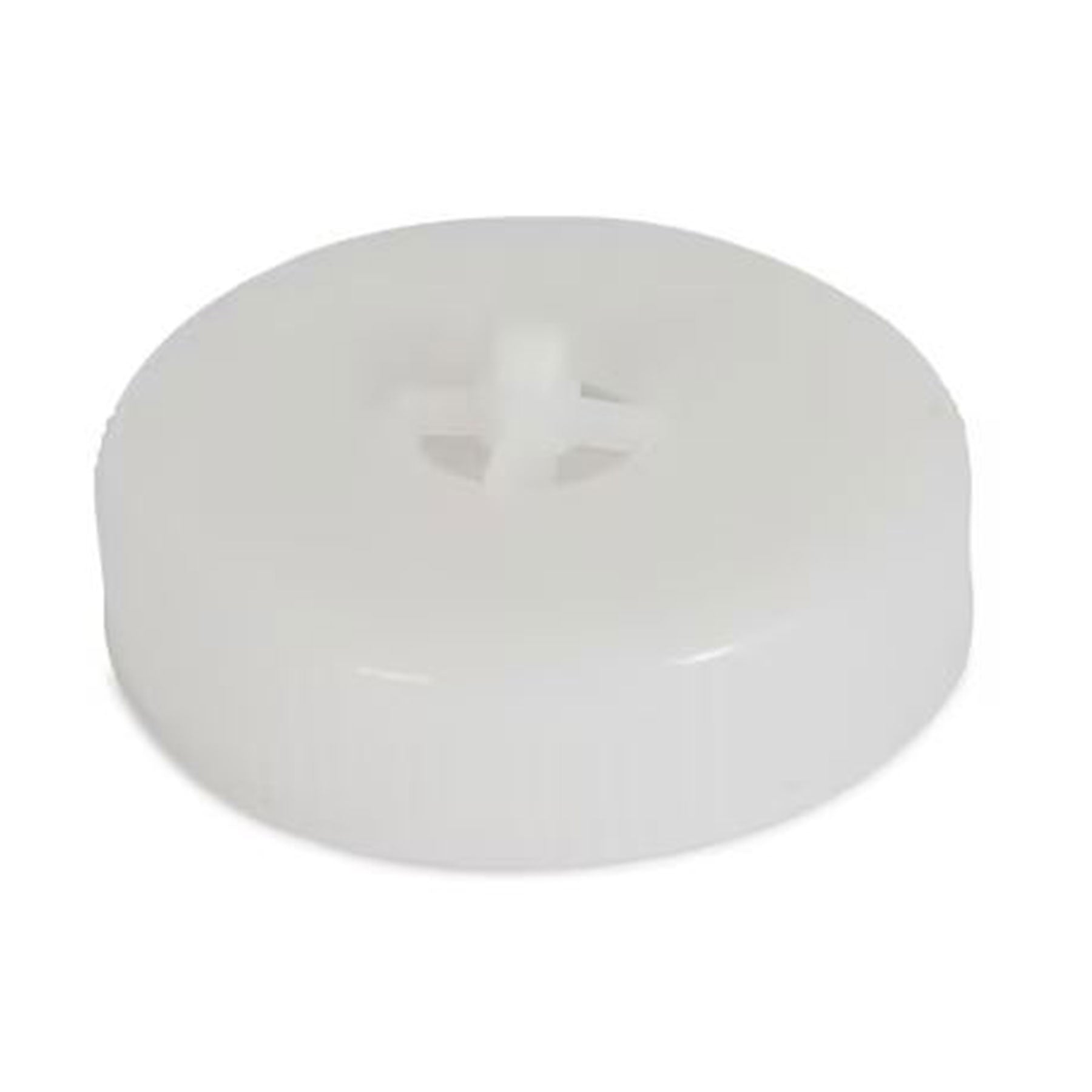A flat-topped, white plastic bottle cap with a central protrusion resembling the sleek design of an Aspen Pet Waterer can be seen against a plain white background. Its the Replacement Cap for Large Gravity Waterers by Pet-mates.