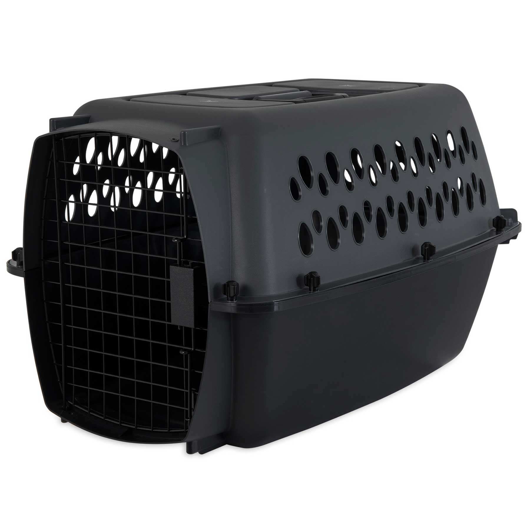 The Aspen Pet Pet-mates All Purpose Kennels – Pet Porter is a black plastic carrier with a metal wire door and side/top ventilation, designed for pet safety and meets most airline requirements for transporting small animals.