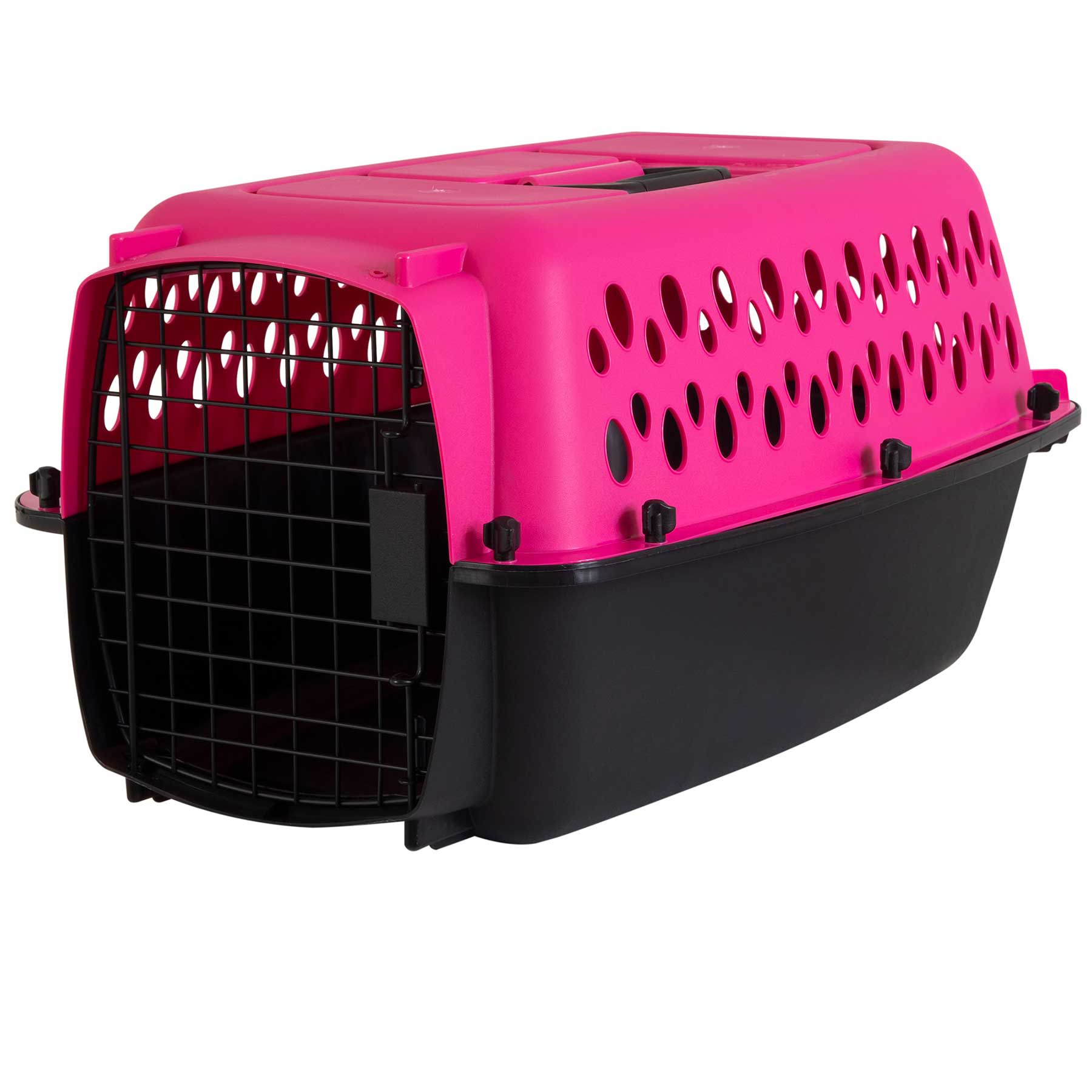 The Aspen Pet Pet-mates All Purpose Kennels- Pet Porter is a pink and black plastic carrier for small pets, featuring a metal grid door (open) and ventilation holes on the sides and top for safety during transport.