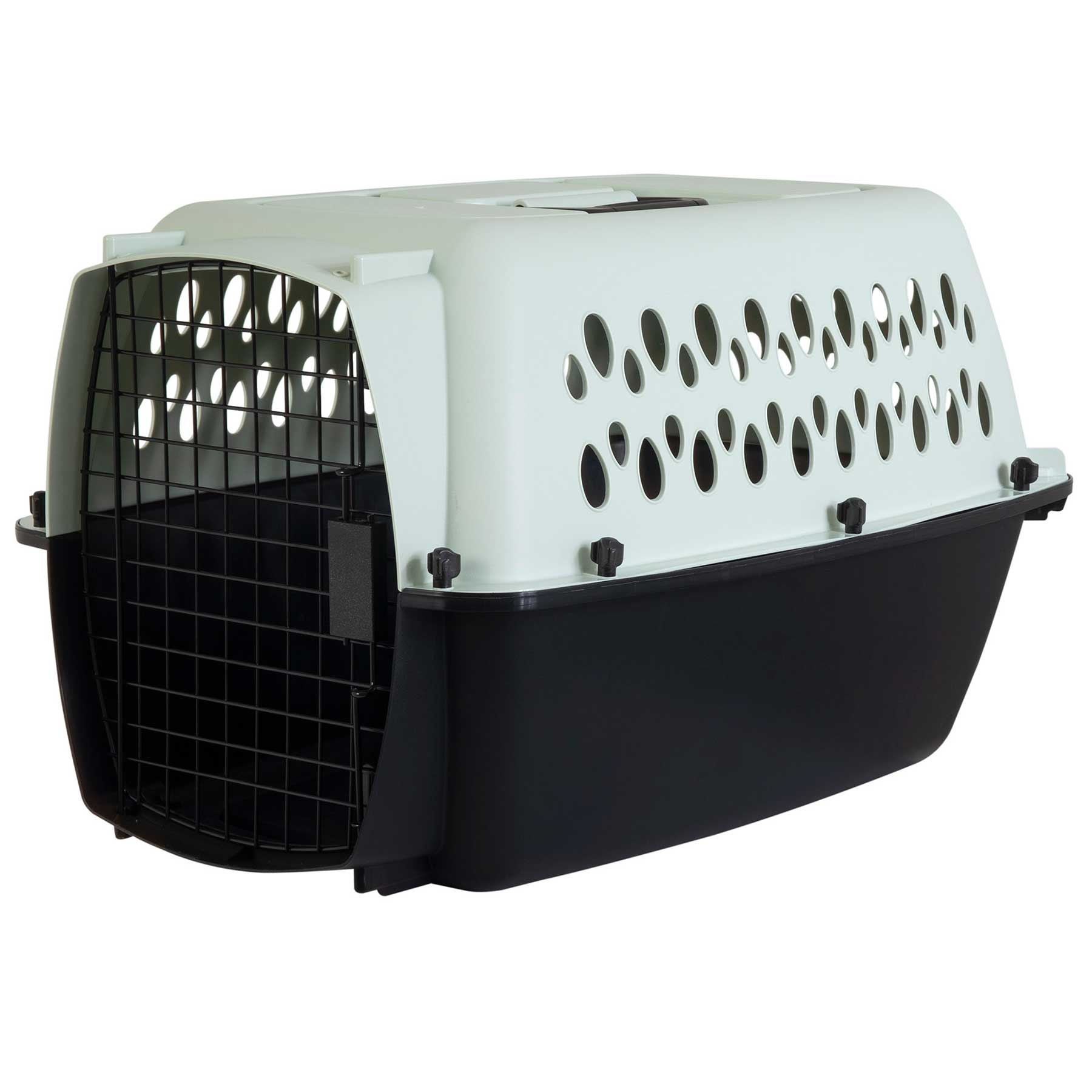 The Aspen Pet Pet-mates All Purpose Kennels- Pet Porter is a plastic pet carrier with a black base, white ventilated top, and metal grid door that meets many airline safety requirements. Shown open and empty.