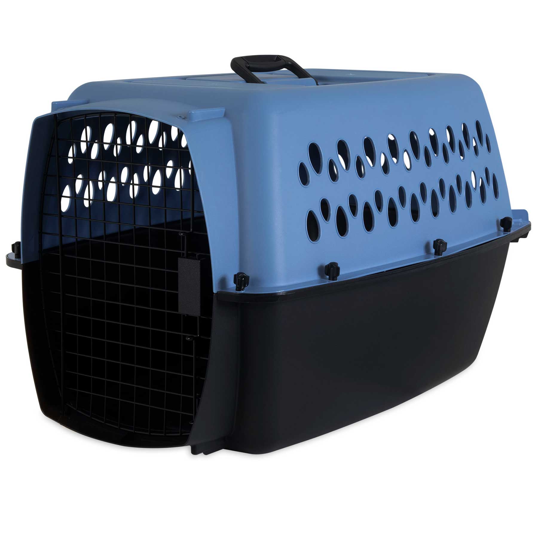 The Aspen Pet Pet-mates All Purpose Kennels- Pet Porter is a blue and black plastic carrier with ventilation holes and a metal front door, designed for pet safety and meeting many airline requirements for small animals.