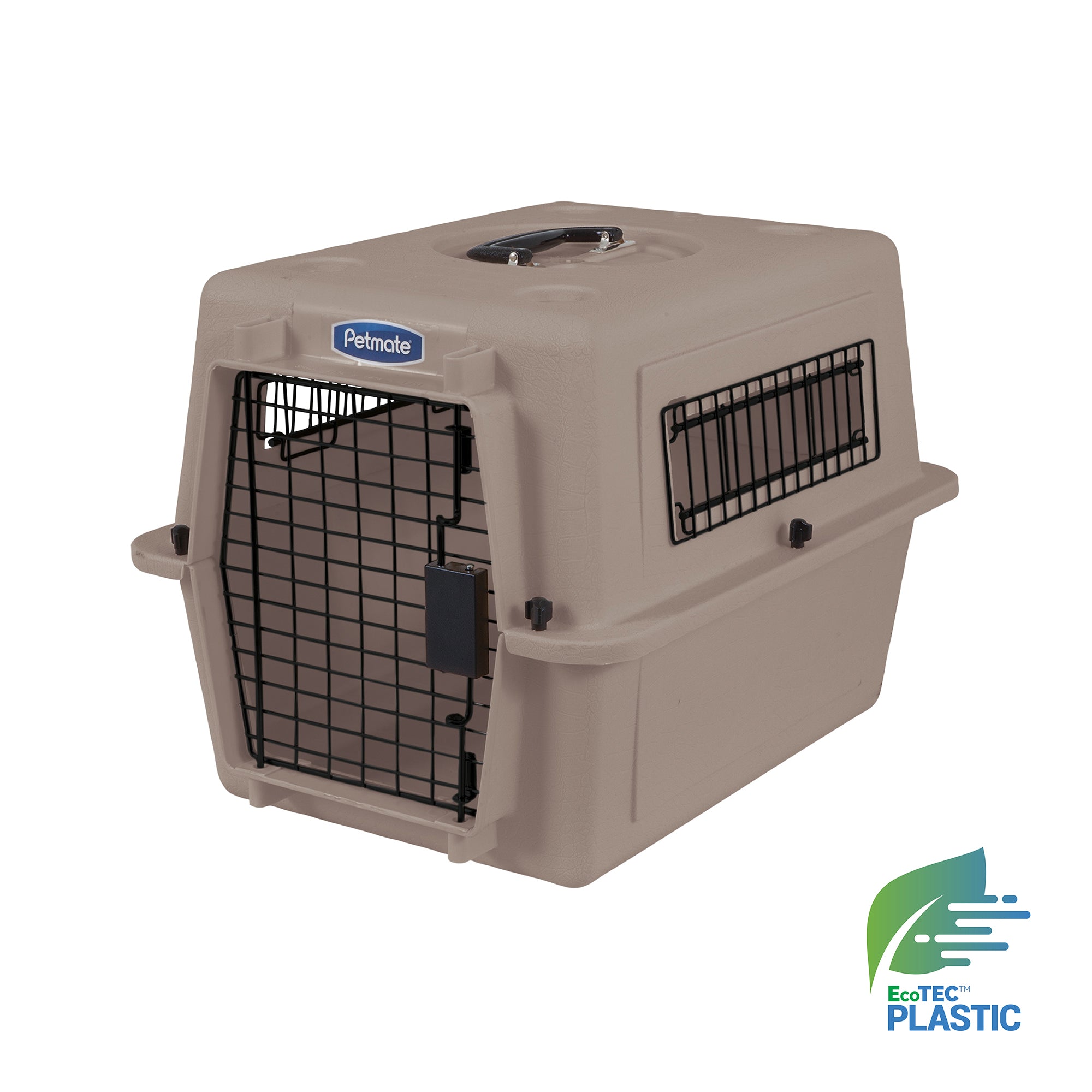 The Pet-mates Traveler - Ultra Vari Kennel is a beige plastic pet carrier with a metal wire door, side vents, and the Pet-mates logo on top; an EcoTEC Plastic emblem appears in the bottom right corner.