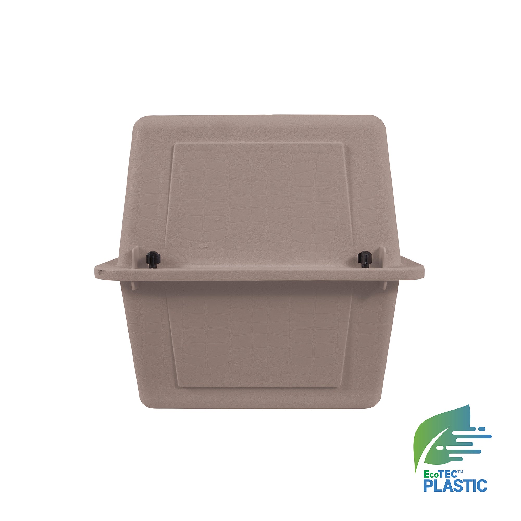 A tan plastic wall-mounted container with two black knobs on the front, viewed from the front. In the bottom right corner is the Pet-mates logo; this resembles a durable Pet-mates Traveler - Ultra Vari Kennel pet carrier.