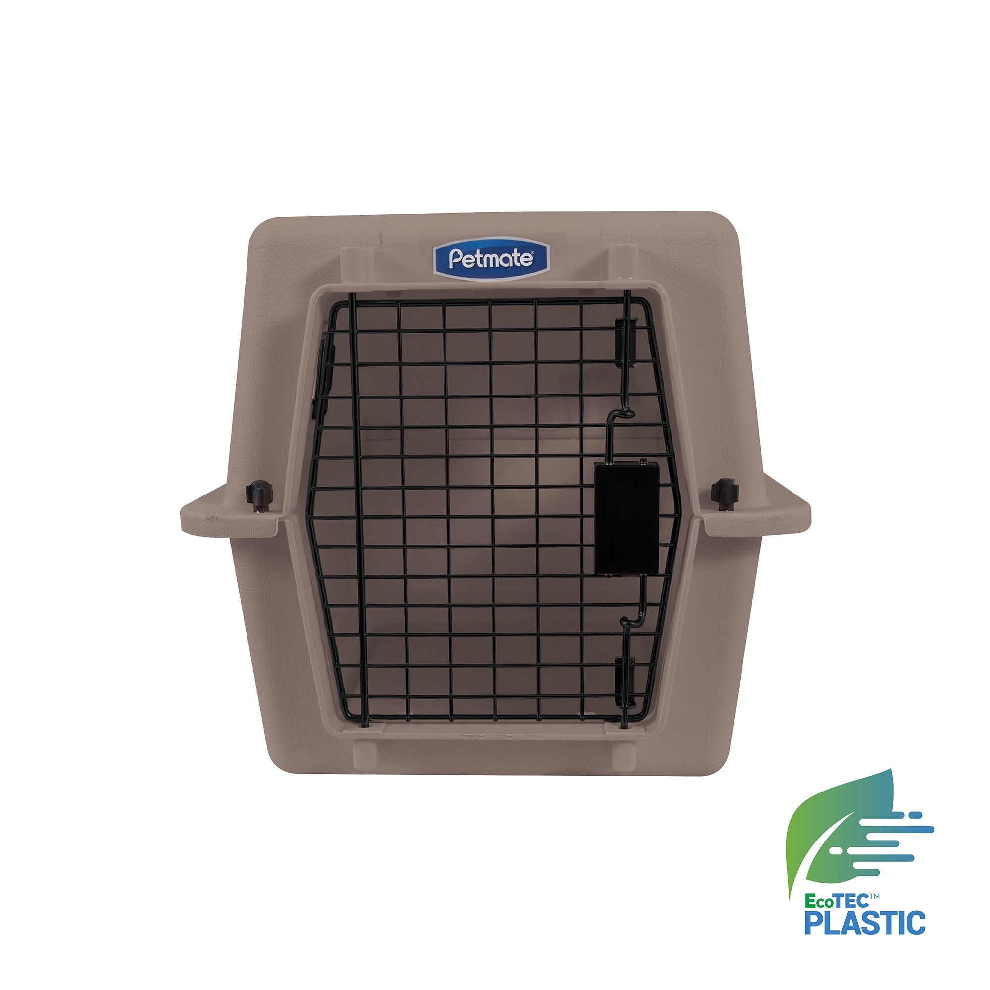 The Pet-mates Traveler - Ultra Vari Kennel, shown in beige with a black metal front door, features the EcoTEC plastic logo, highlighting it as an eco-friendly and durable carrier from Pet-mates.