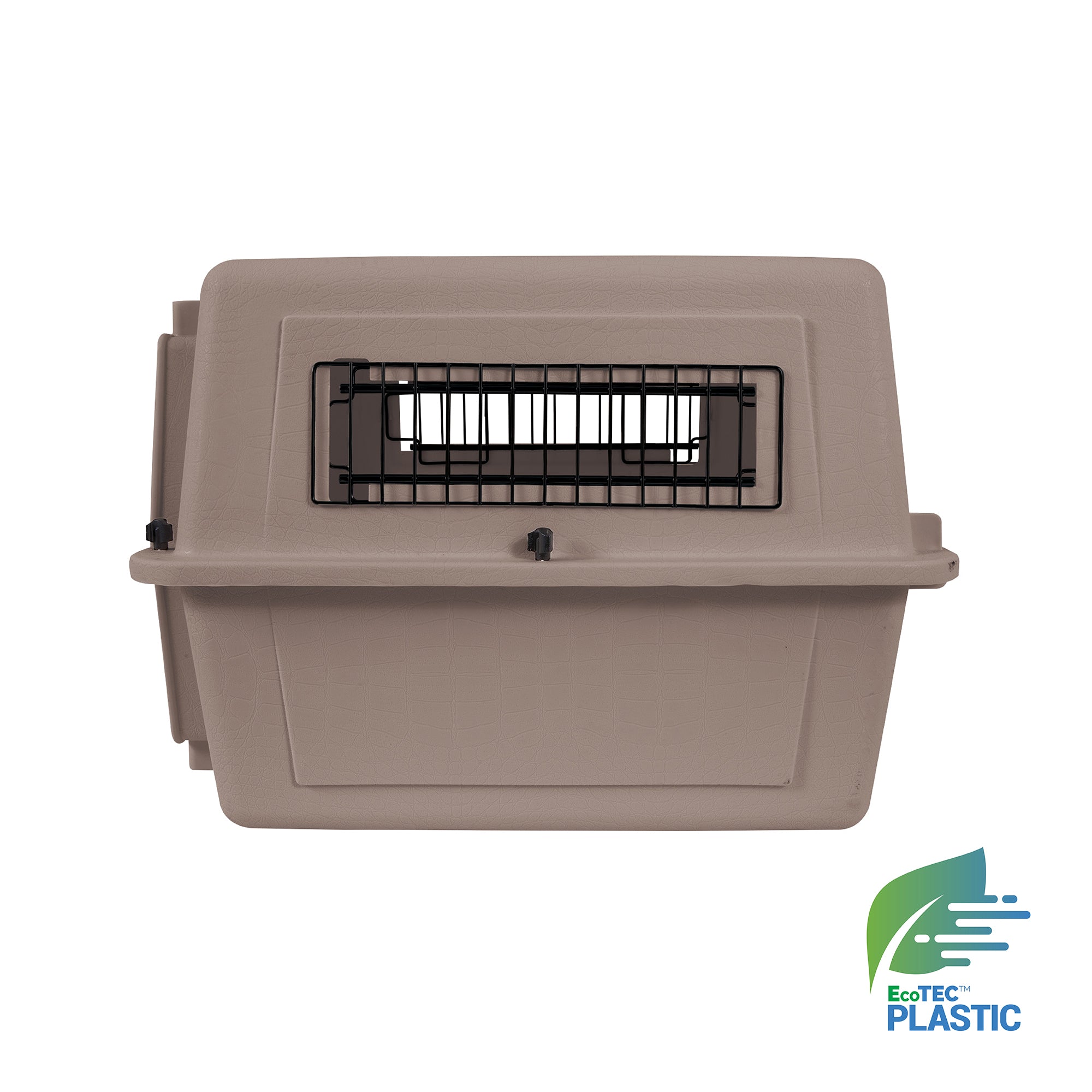 The Pet-mates Traveler - Ultra Vari Kennel by Pet-mates is a beige plastic pet carrier with a black metal front window, shown on a white background. The EcoTEC Plastic logo is in the bottom right, highlighting its sustainable, travel-ready design.