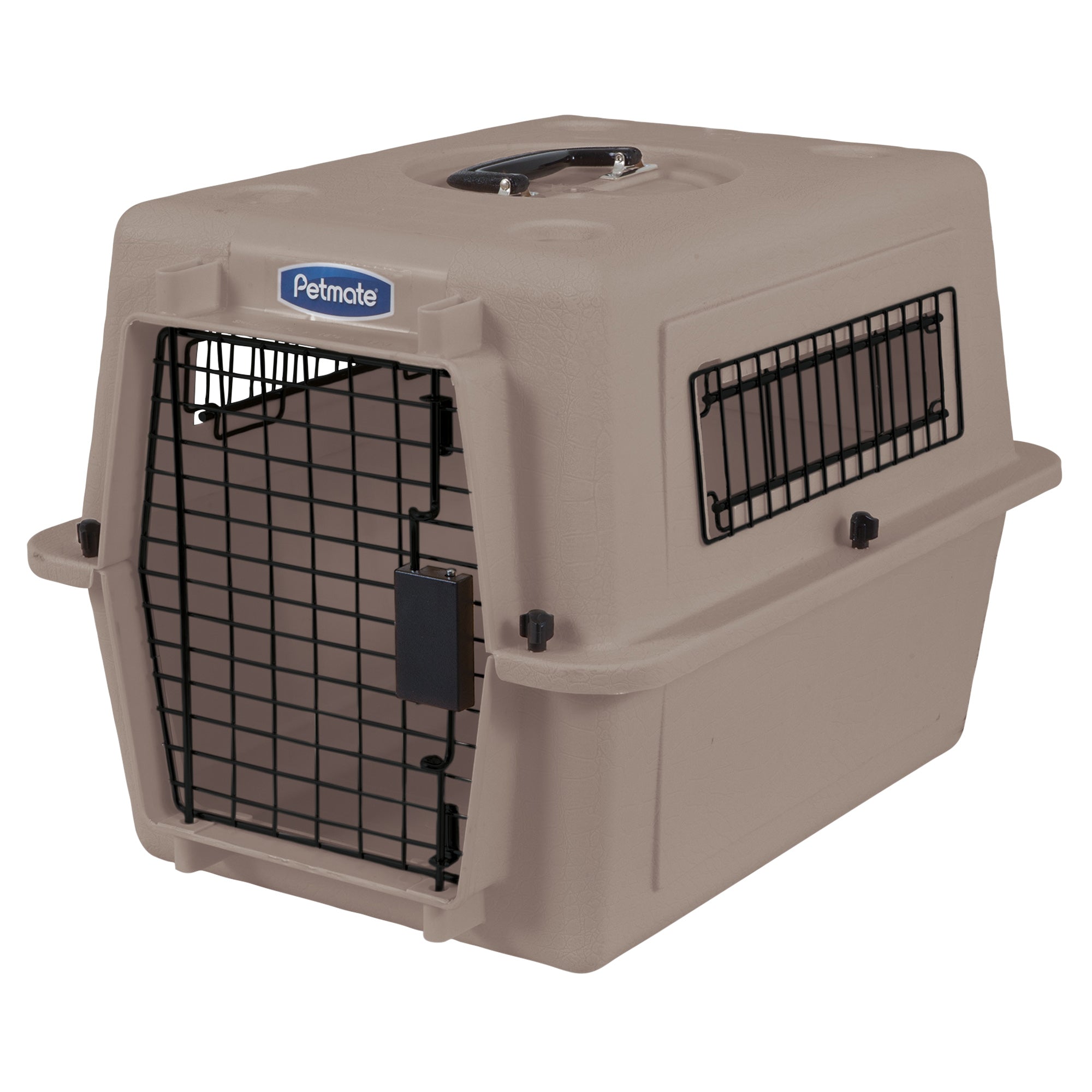The Pet-mates Ultra Vari Kennel is beige with a black wire door and side vents. The slightly open door shows a Pet-mates label near the top, and theres a handle for easy transport.